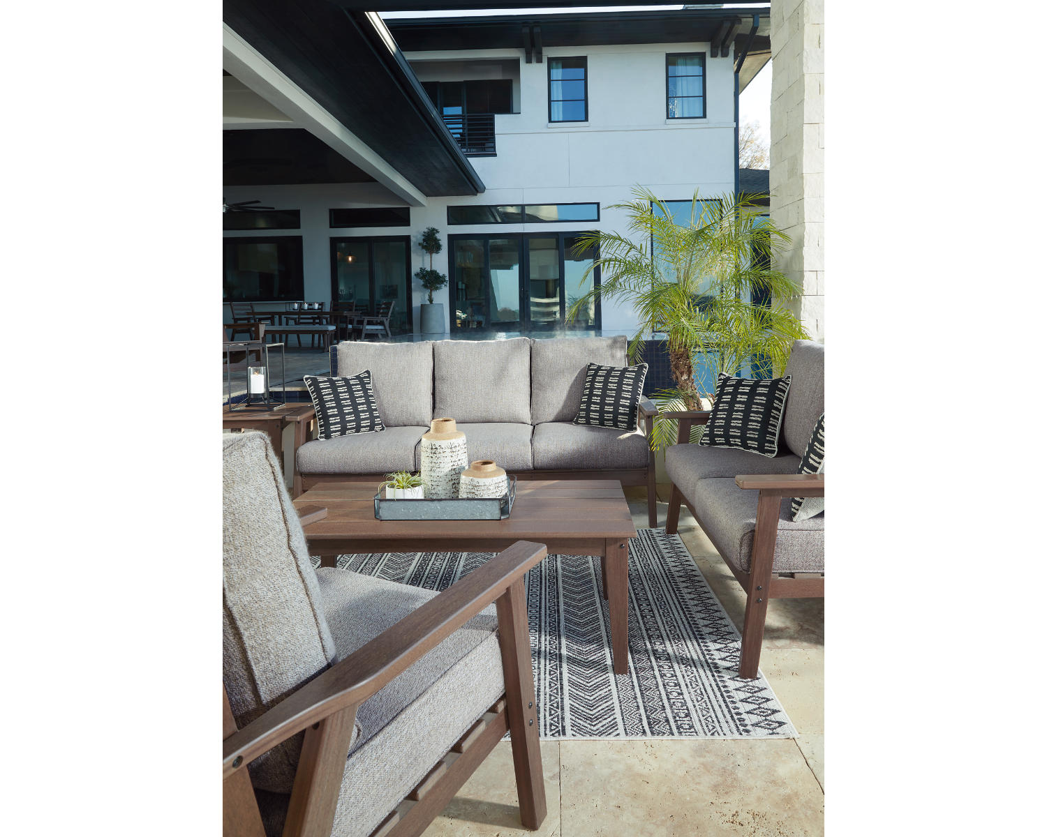 Emmeline Outdoor Sofa, Loveseat, 2 Lounge Chairs, Coffee Table and End Table