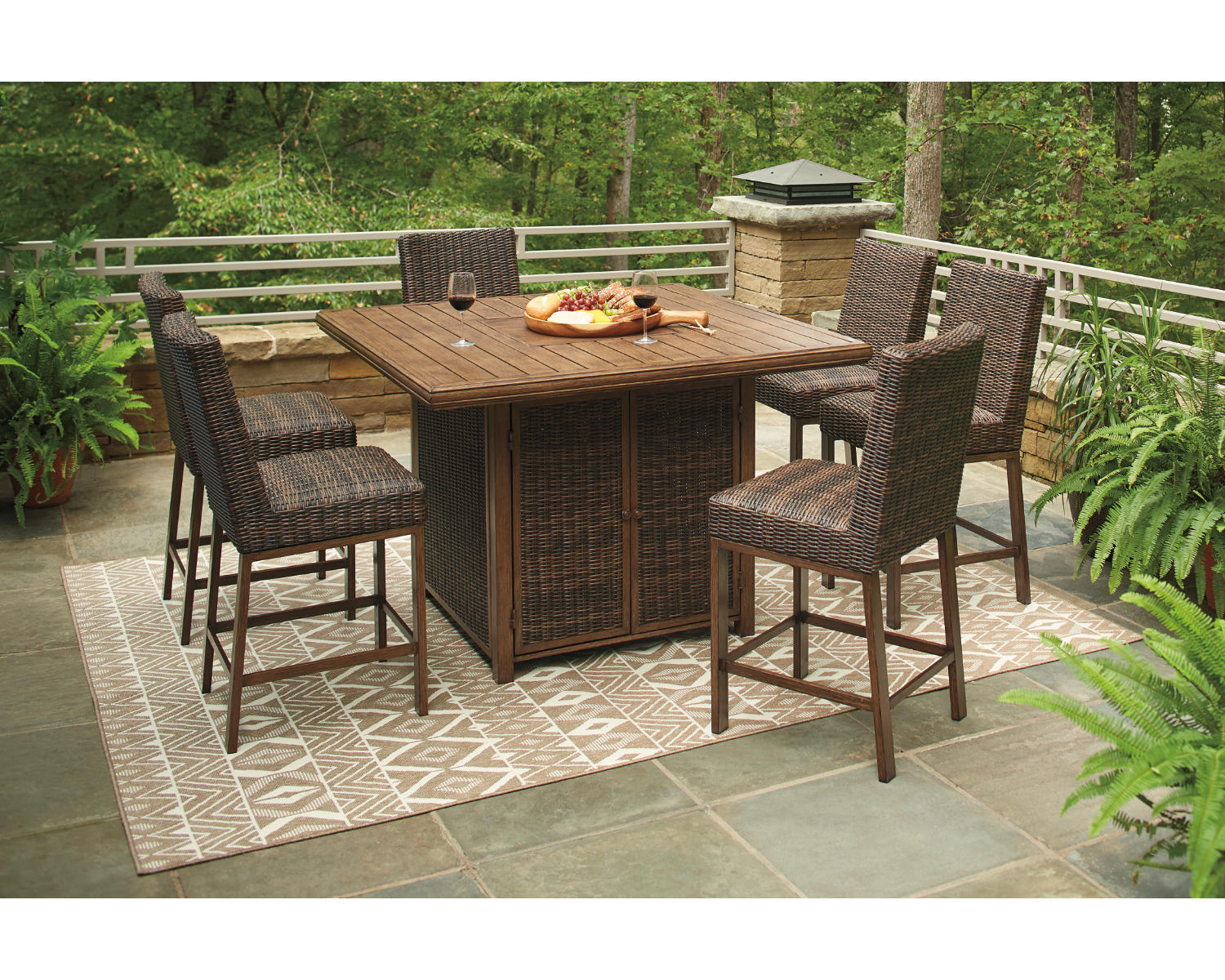 Paradise Trail Outdoor Bar Fire Pit Table with 6 Barstools