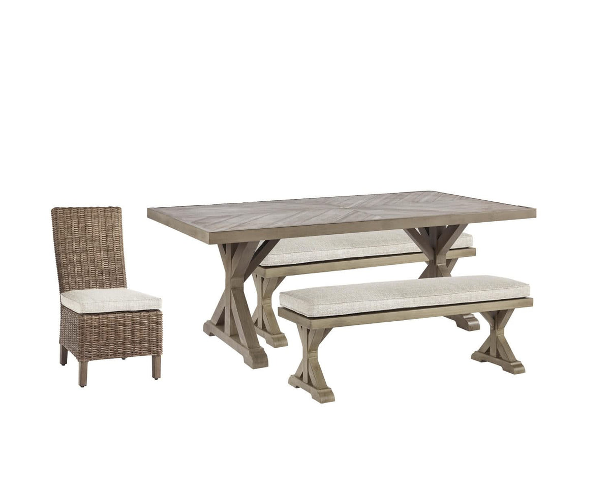 Mesa de comedor para exterior Beachcroft con 4 sillas y banco 