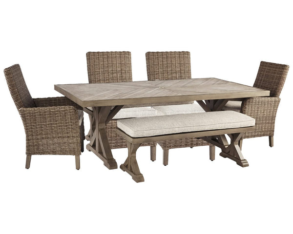 Mesa de comedor para exterior Beachcroft con 4 sillas y banco