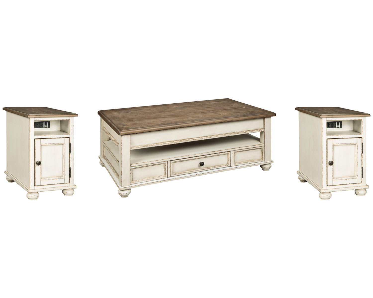 Realyn Coffee Table and 2 Chairside End Tables