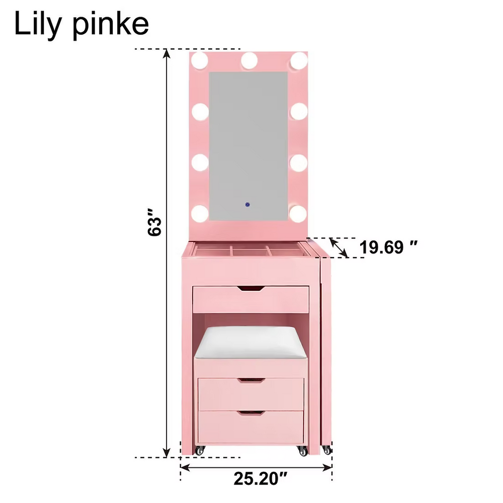 Lily-Pink Expandable Vanity with Stool and Storage