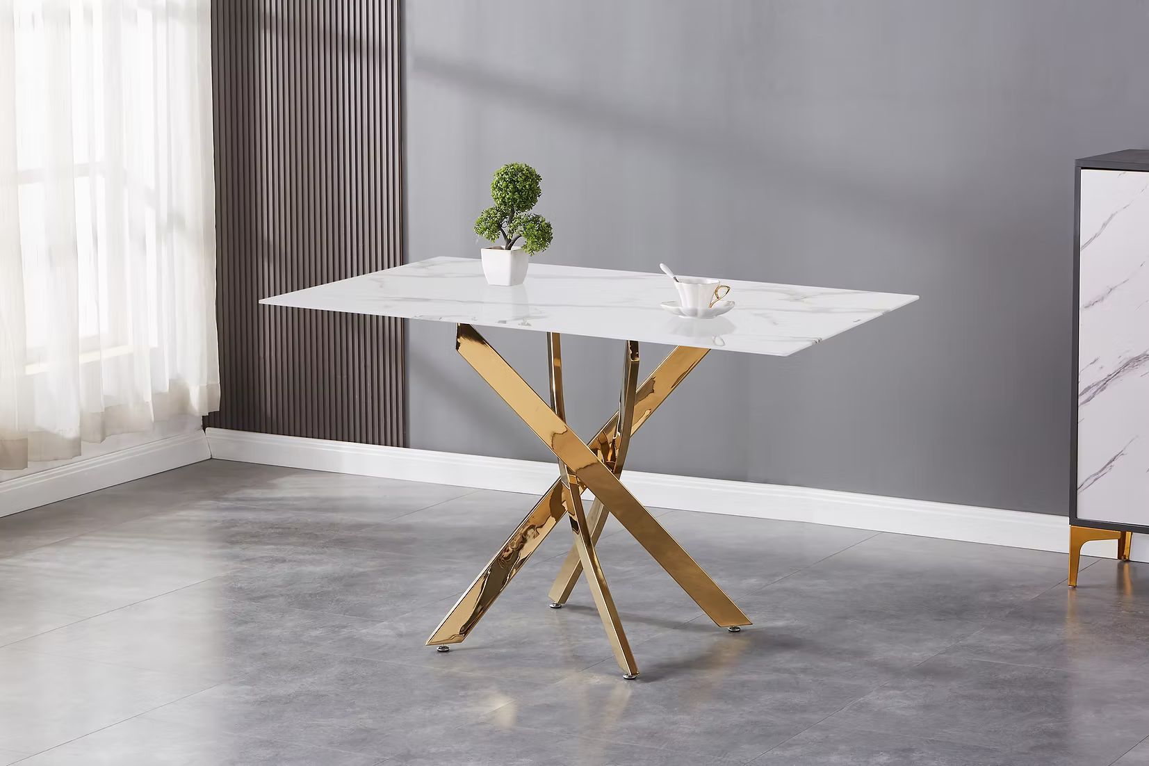 GC-140 DINING tempered Glass Marble Table With Gold Legs