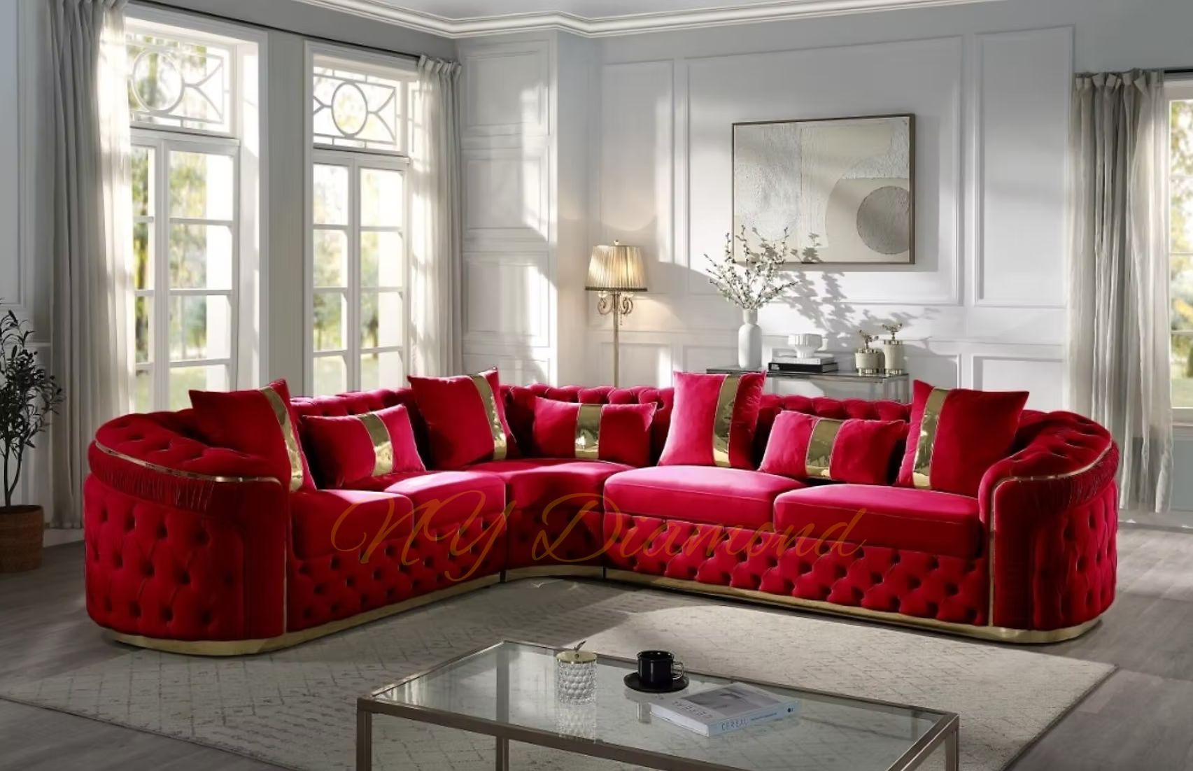 Grey luxury sectional with Gold stripes