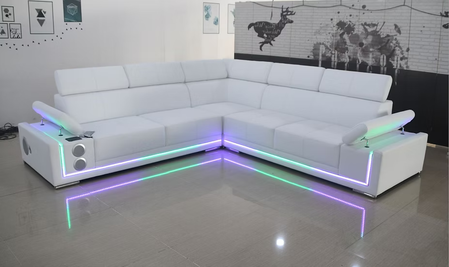 Living Room White Futurist sectional with LED lights