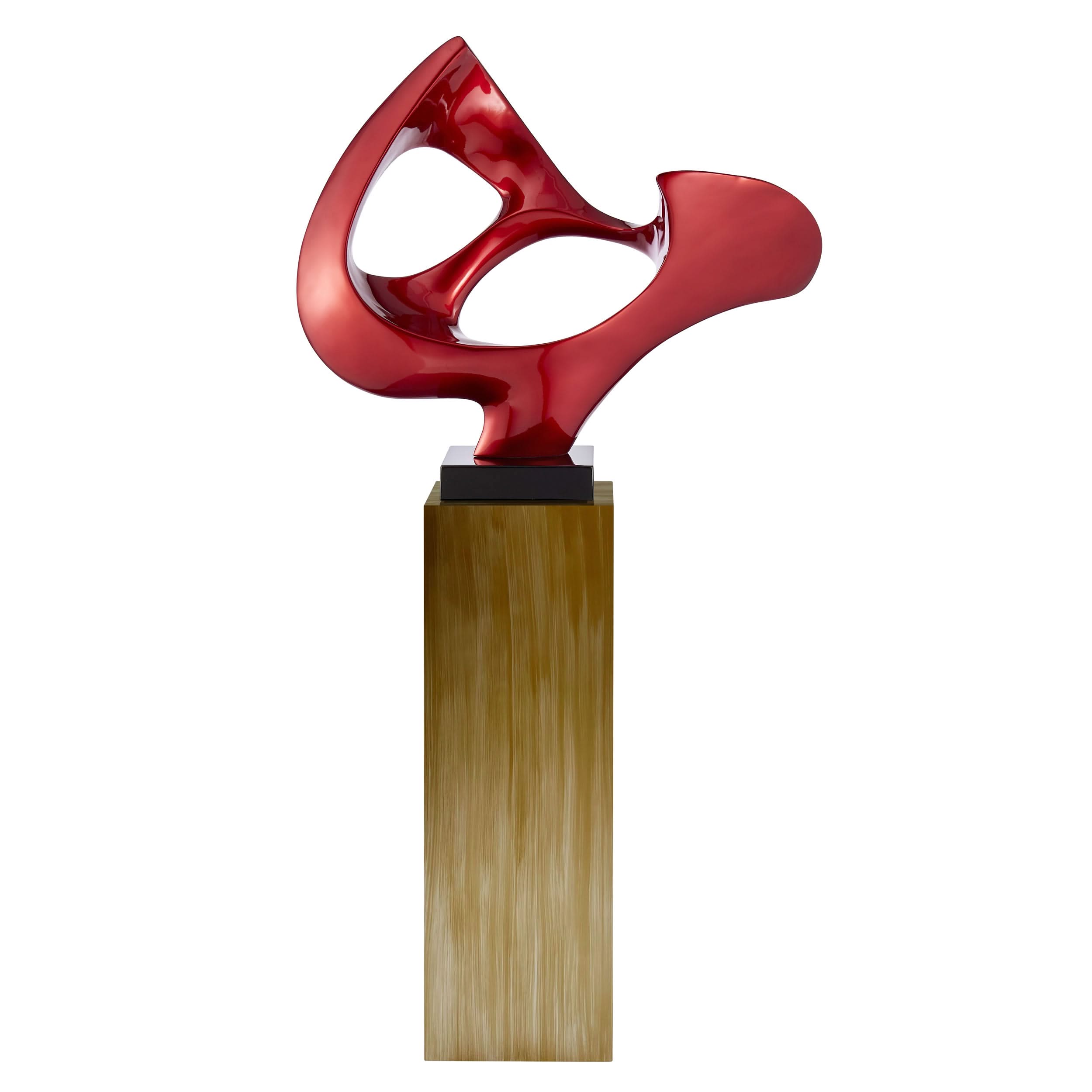 Escultura de suelo con máscara abstracta roja metálica y base de bronce, 137 cm de alto