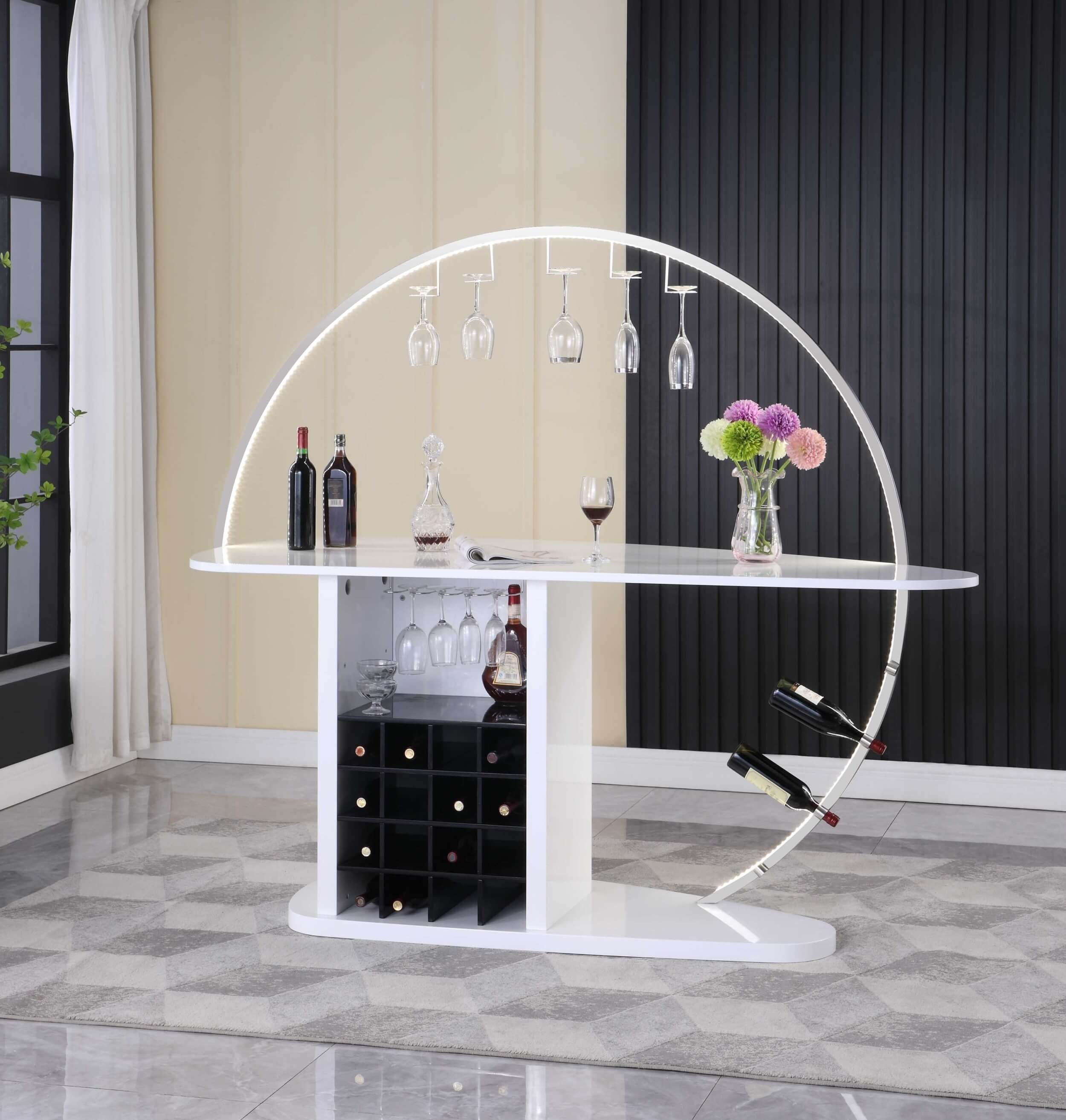 Barra contemporánea Bowery con luces LED personalizables y botelleros, color blanco, de Chintaly Imports