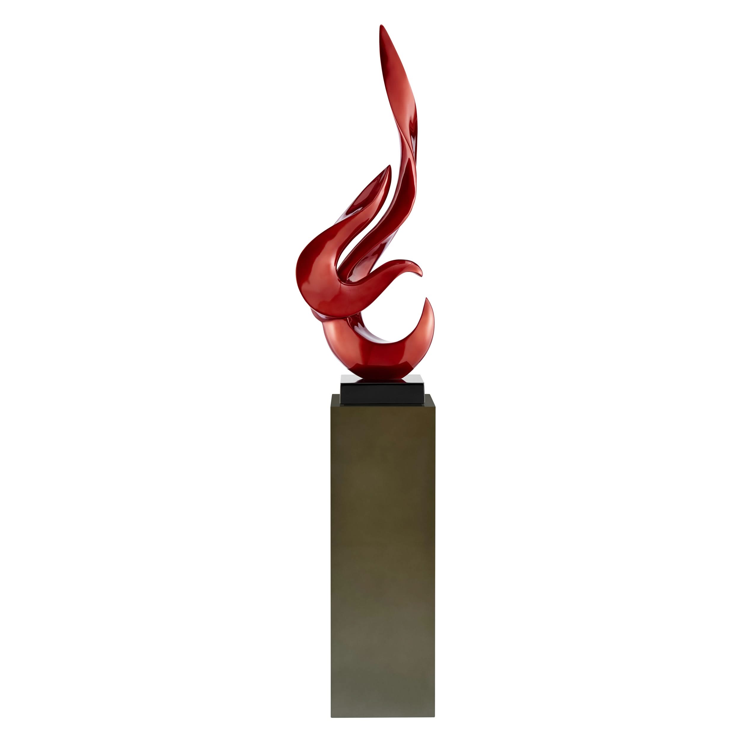 Escultura de piso de llama roja metálica con soporte gris, 65" de alto