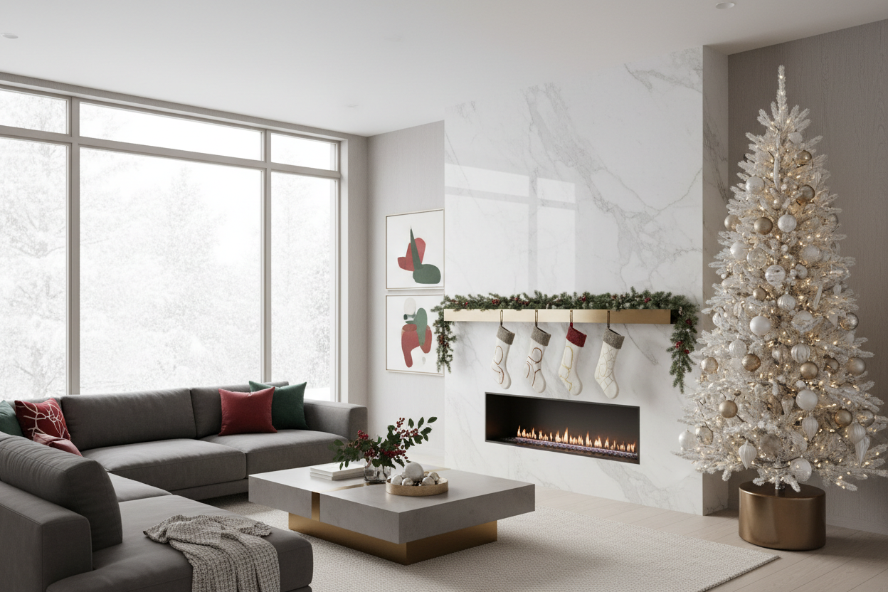 Give me a Christmas themed modern sleek living room