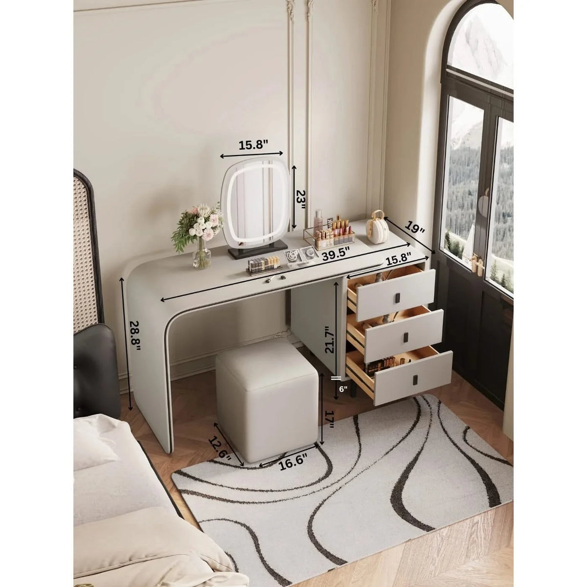 VANITY/DESK WITH STOOL AND LED MIRROR