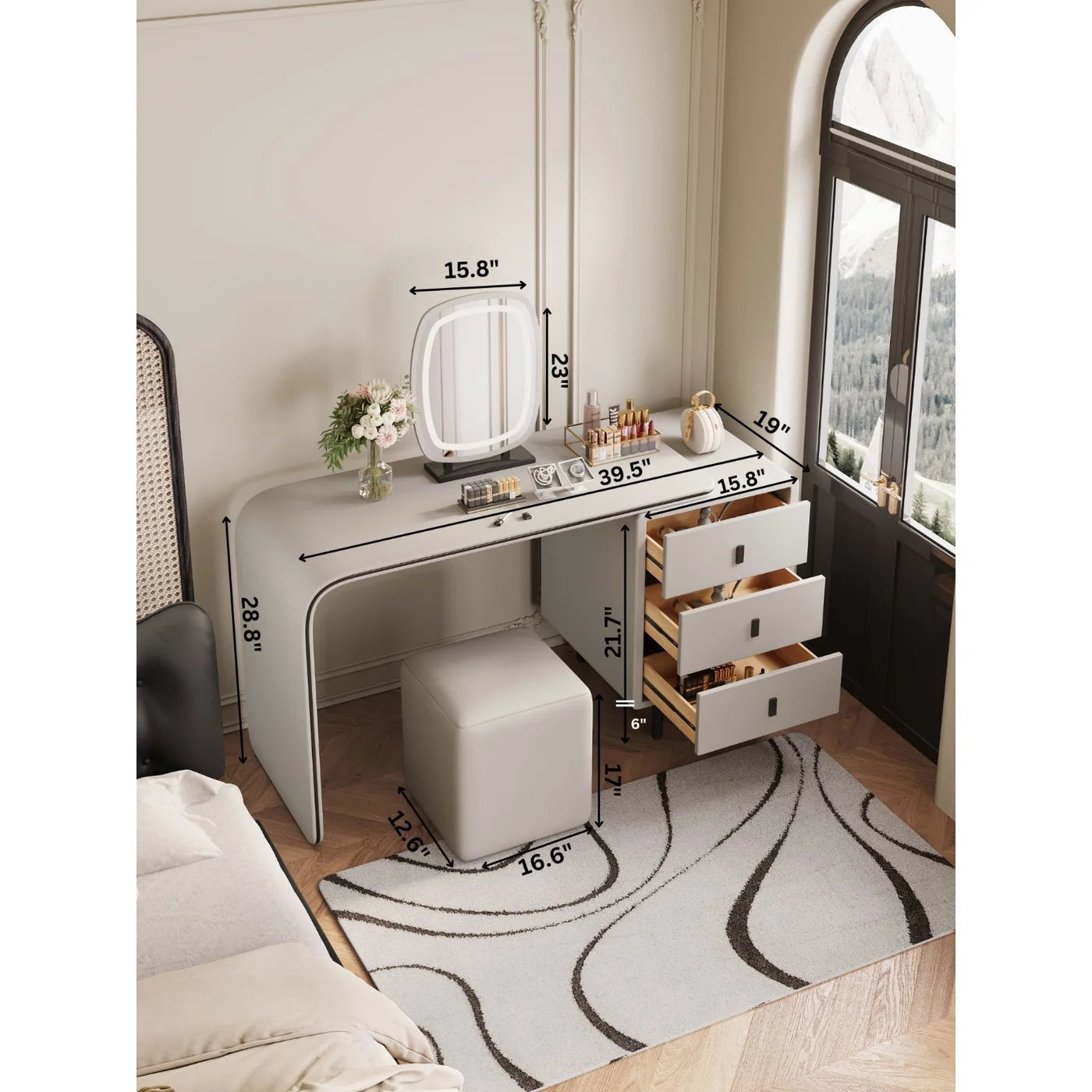 VANITY/DESK WITH STOOL AND LED MIRROR