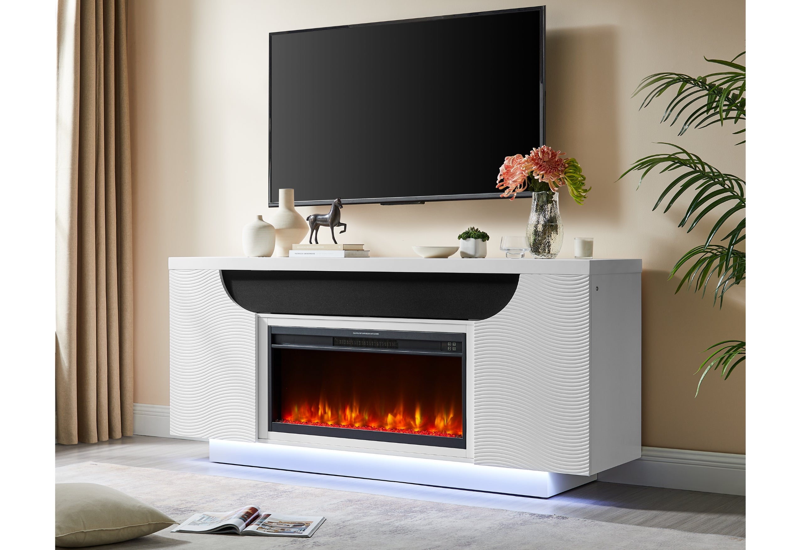 AILEEN WHITE 76" ENTERTAINMENT UNIT WITH LED, SPEAKERS, CRYSTAL INSERTS AND POP UP CENTER DOORS