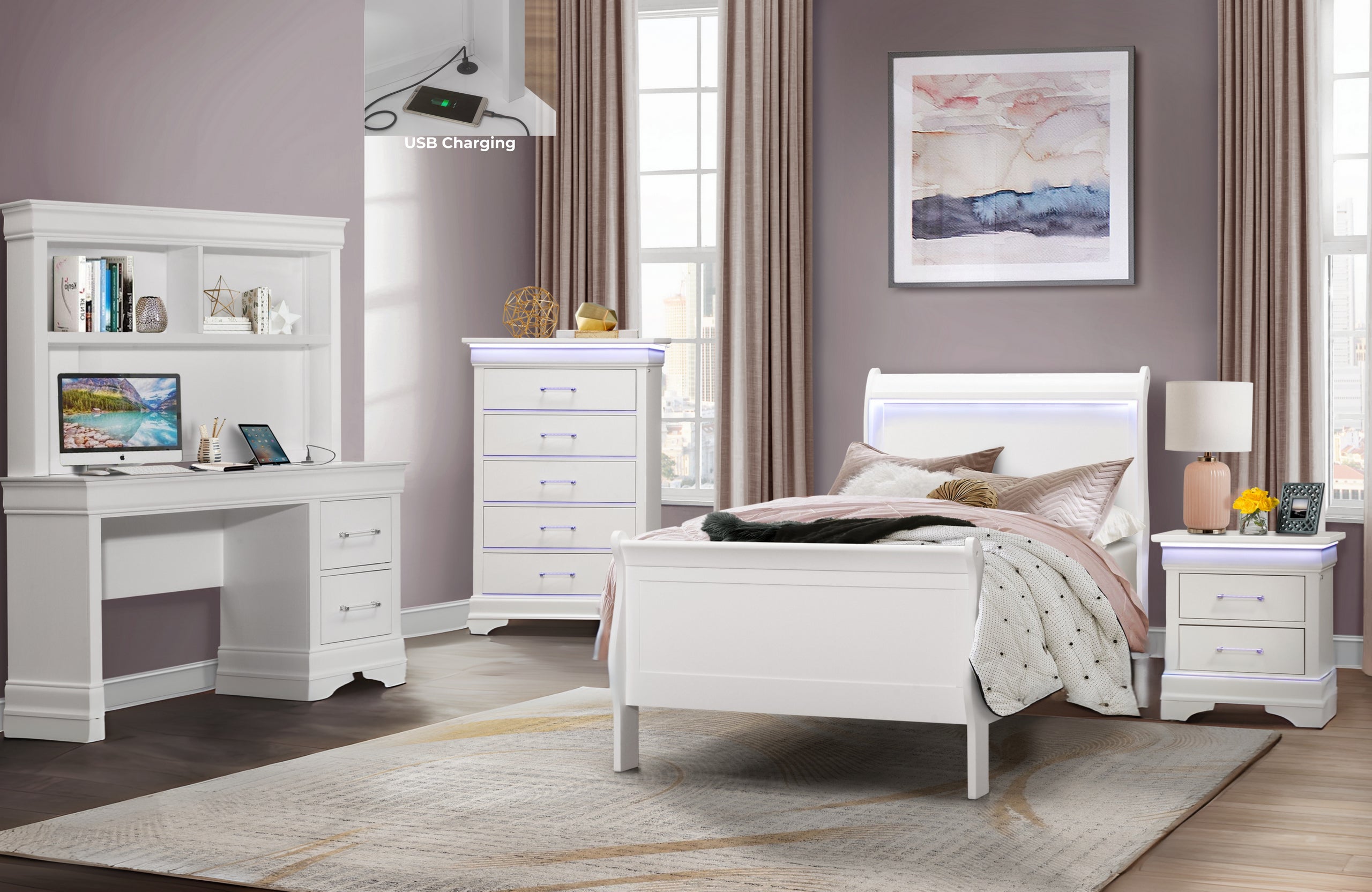 CHARLIE WHITE TWIN BED, DRESSER, MIRROR AND NIGHTSTAND