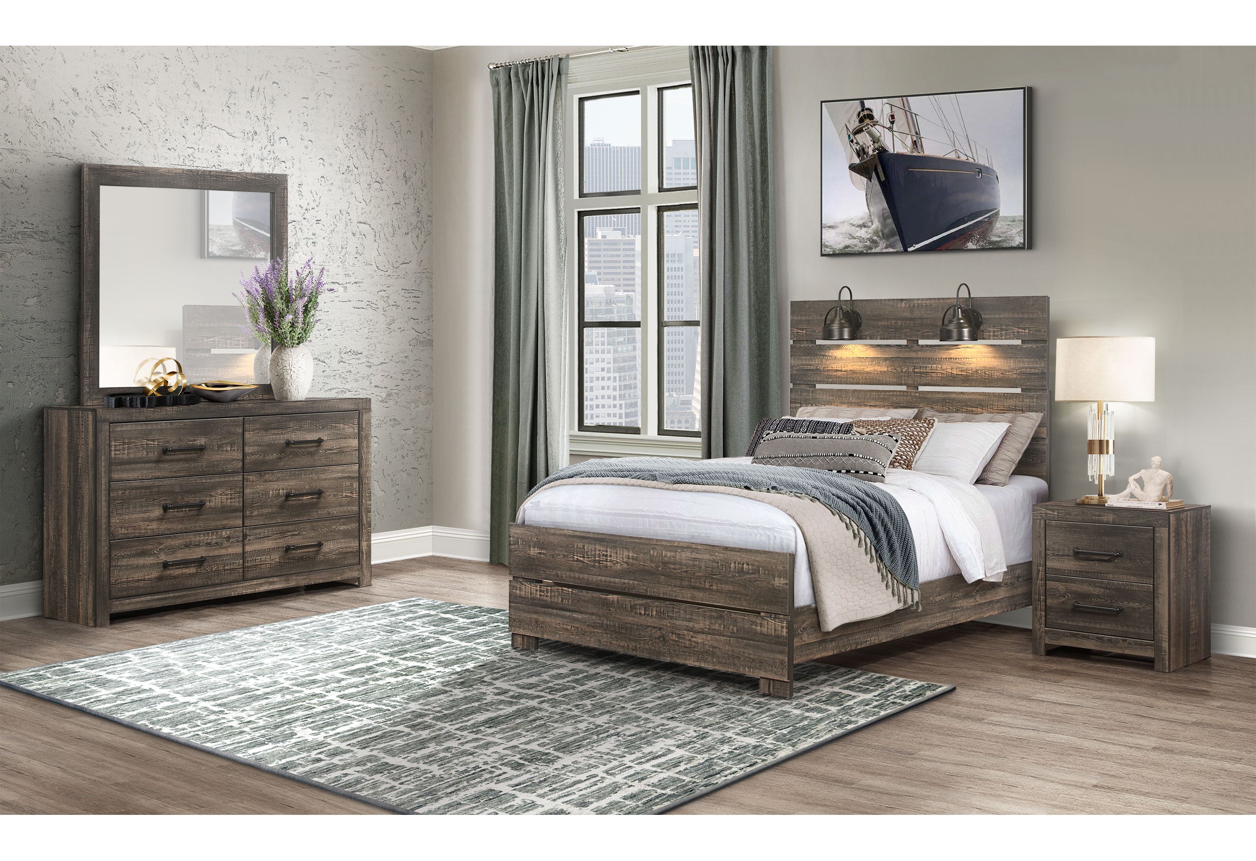 LINWOOD DARK OAK FULL BED GROUP WITH LAMPS