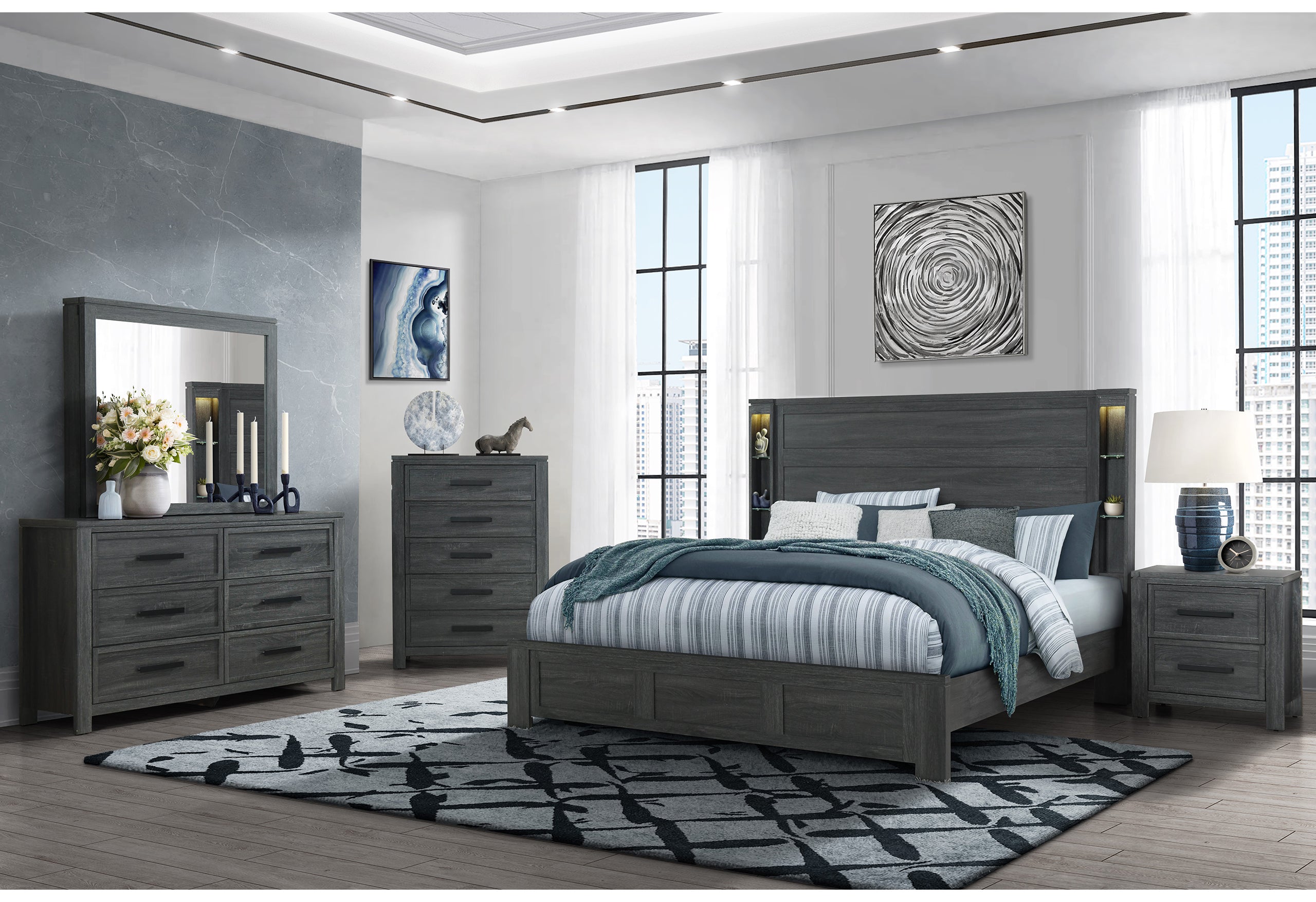 CYPRESS DARK GREY FULL BED HEADBOARD, FOOTBOARD AND SLATS