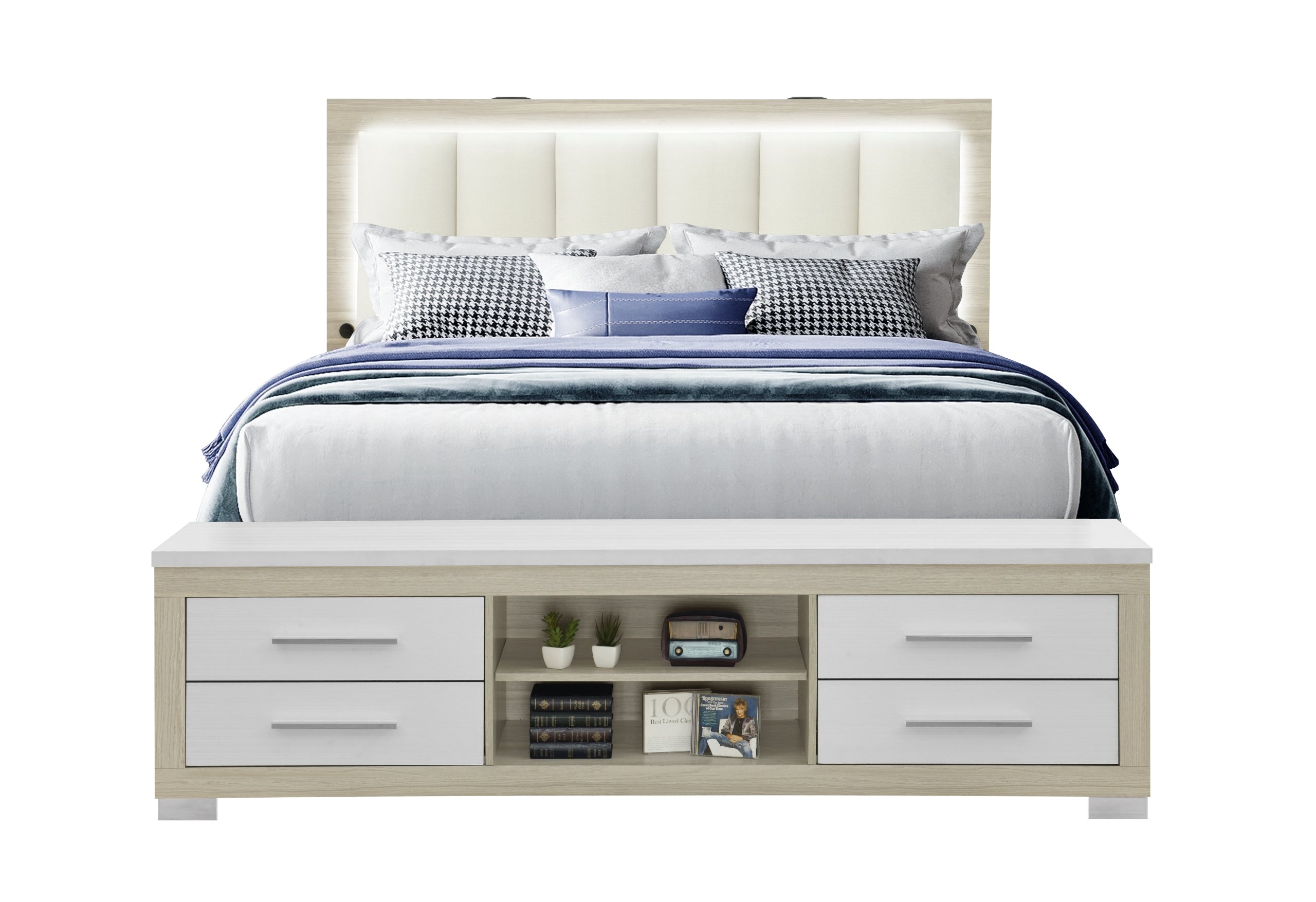 MADISON/EMMA NATURAL/WHITE KING BED, DRESSER, MIRROR AND CHEST