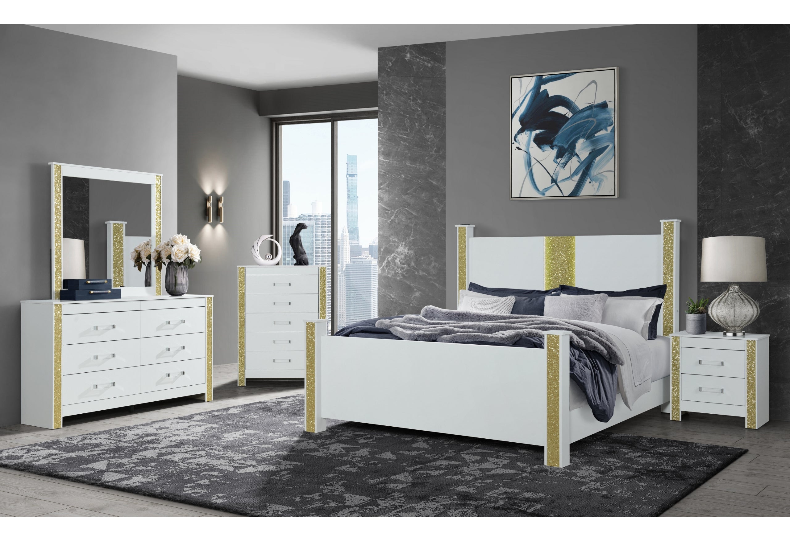 LOGAN WHITE/GOLD QUEEN BED GROUP