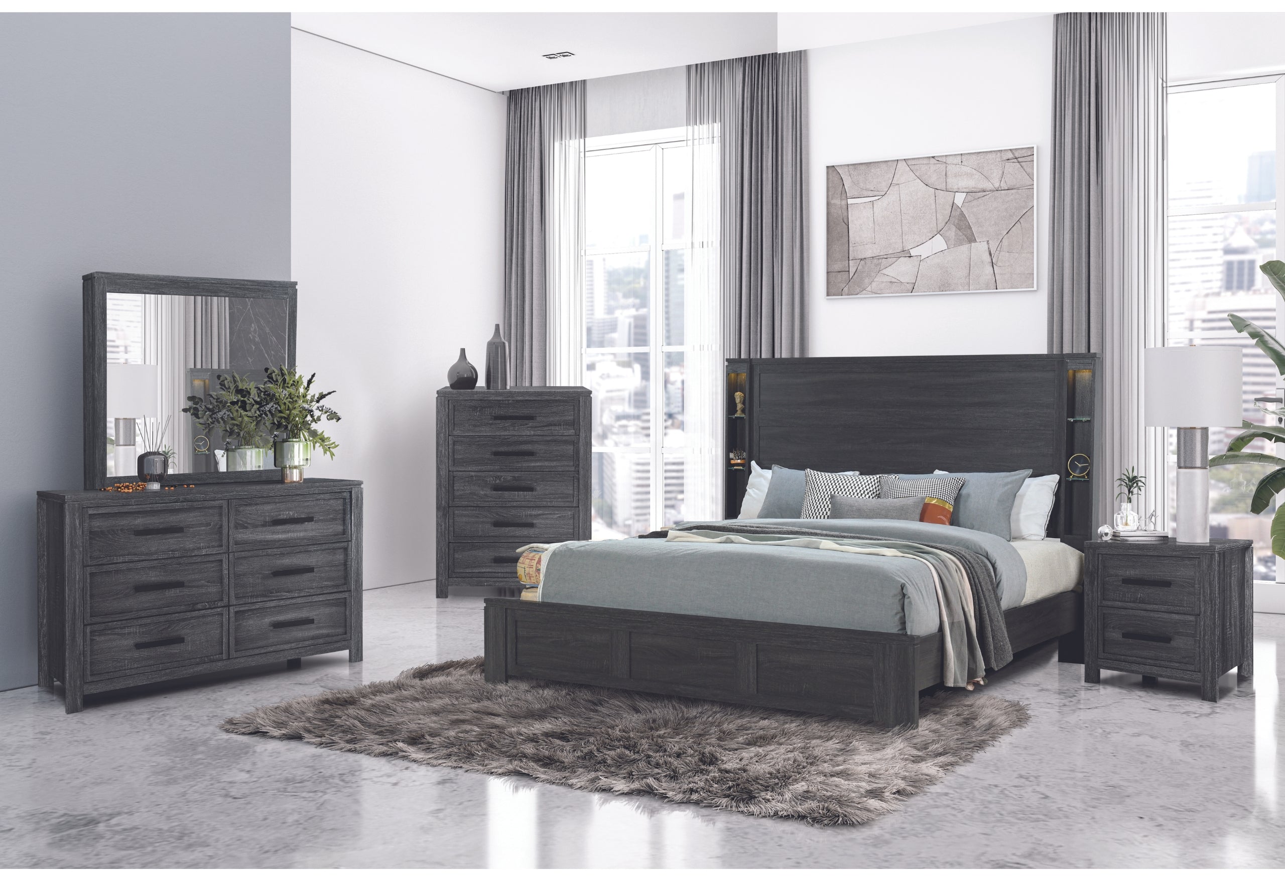 CYPRESS DARK GREY KING BED, DRESSER, MIRROR AND NIGHTSTAND