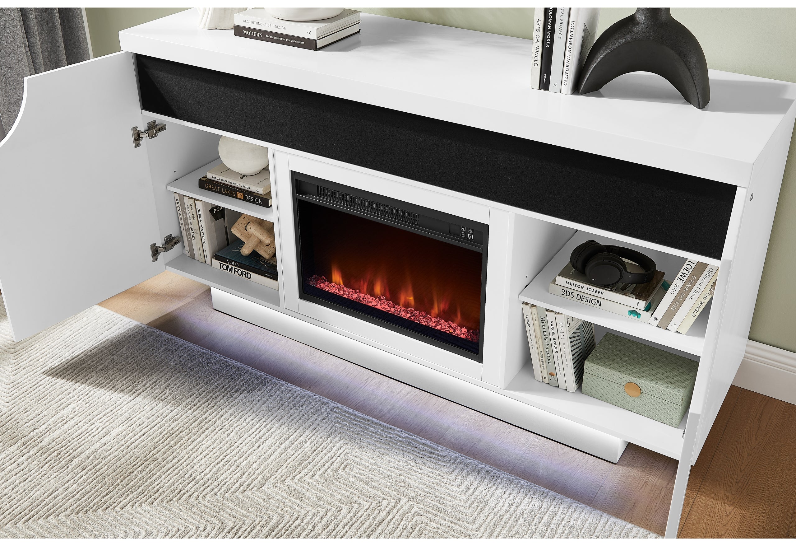 AILEEN WHITE 66" ENTERTAINMENT UNIT WITH LED, SPEAKERS, CRYSTAL INSERTS AND POP UP CENTER DOORS