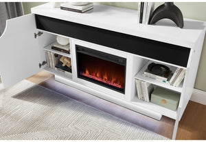 MUEBLE DE ENTRETENIMIENTO AILEEN WHITE DE 66" CON LED, ALTAVOCES, INSERTOS DE CRISTAL Y PUERTAS CENTRALES ELEVABLES