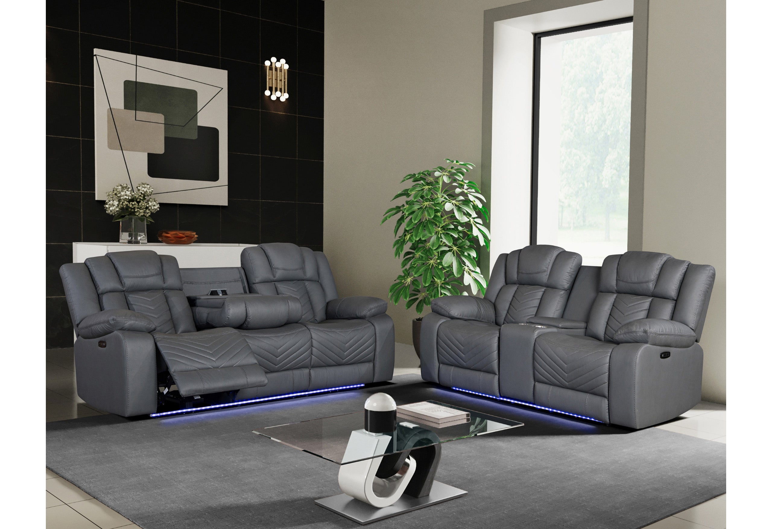 U7068 GREY 10 POWER RECLINING SOFA/POWER CONSOLE RECLINING LOVESEAT WITH LED