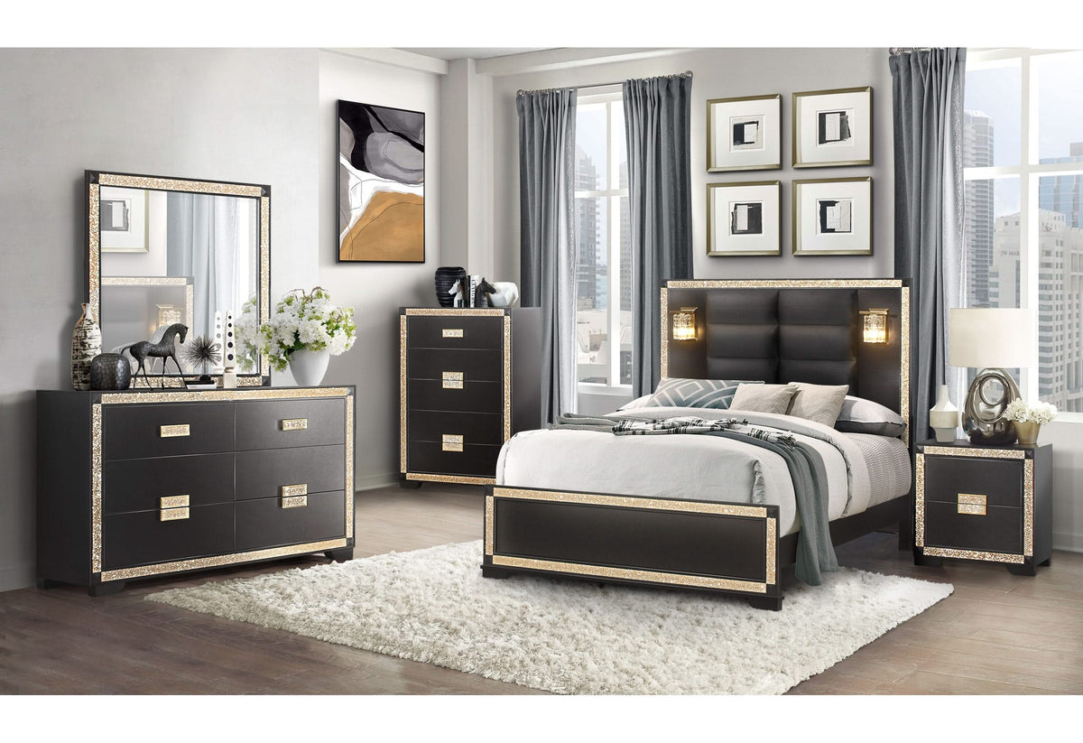 CAMA QUEEN BLAKE NEGRA/DORADA CON LÁMPARAS, CÓMODA, ESPEJO Y MESITA DE NOCHE
