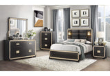 CAMA QUEEN BLAKE NEGRA/DORADA CON LÁMPARAS, CÓMODA, ESPEJO Y MESITA DE NOCHE