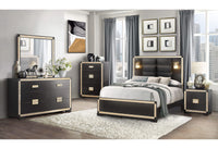 CAMA QUEEN BLAKE NEGRA/DORADA CON LÁMPARAS, CÓMODA, ESPEJO Y MESITA DE NOCHE