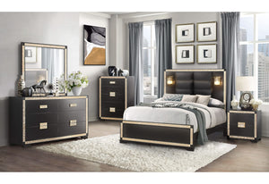 CAMA QUEEN BLAKE NEGRA/DORADA CON LÁMPARAS, CÓMODA, ESPEJO Y MESITA DE NOCHE