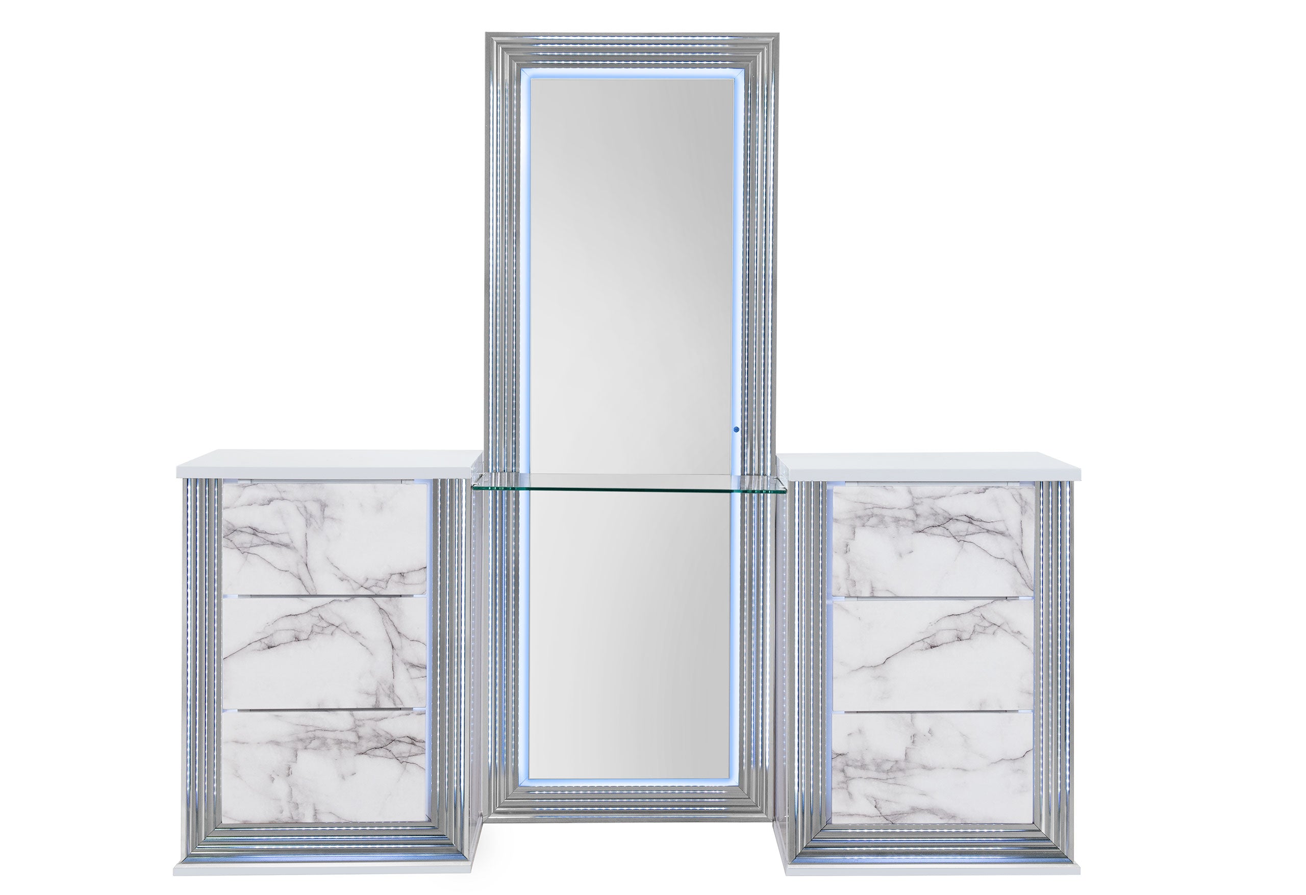 YLIME WHITE MARBLE KING BED GROUP FULLY SLATTED WITH VANITY SET
