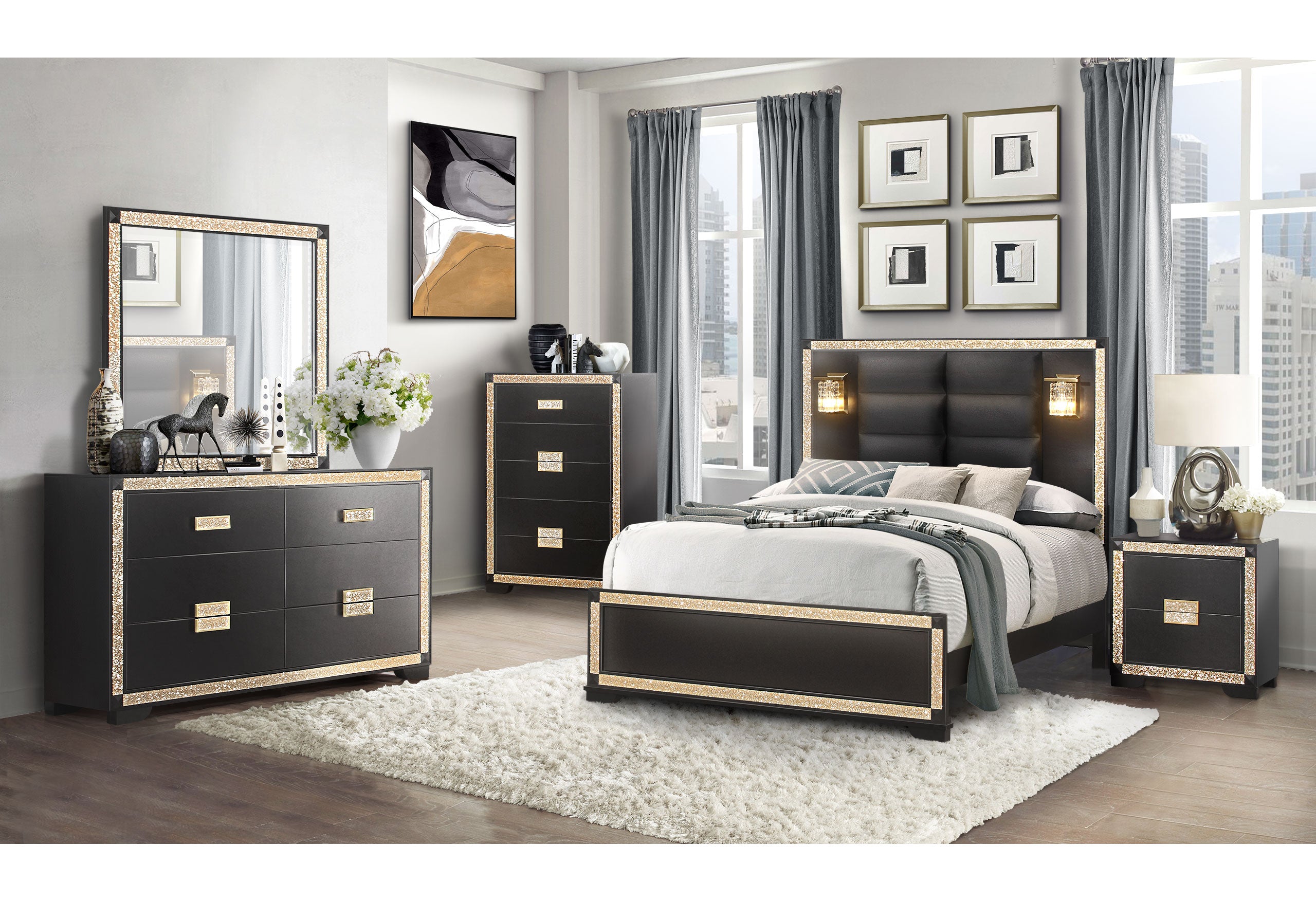BLAKE BLACK QUEEN BED WITH LAMPS