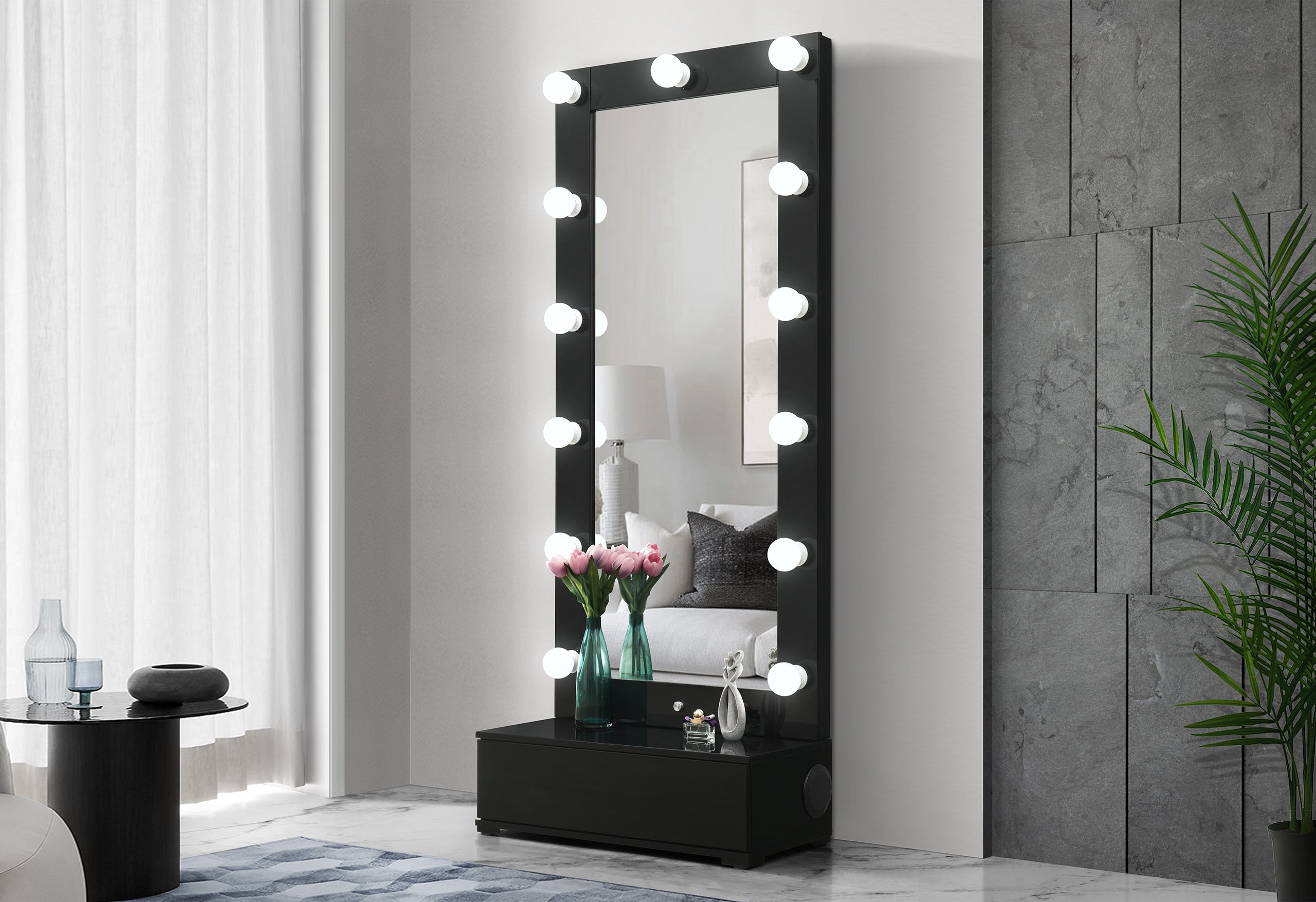 ELLA BLACK NARROW TALL MIRROR WITH DRAWER AND SPEAKER