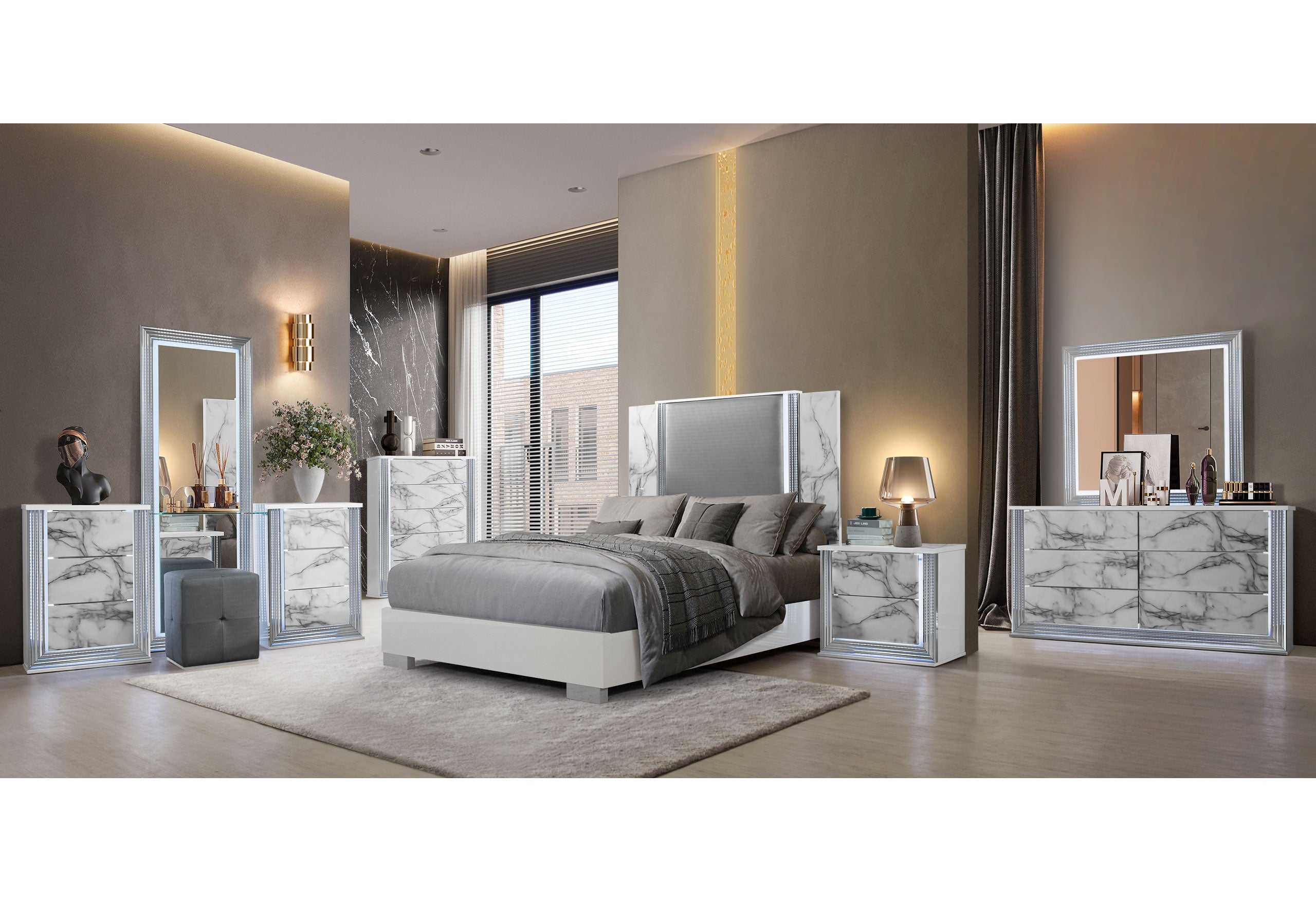 YLIME WHITE MARBLE KING BED GROUP FULLY SLATTED WITH VANITY SET