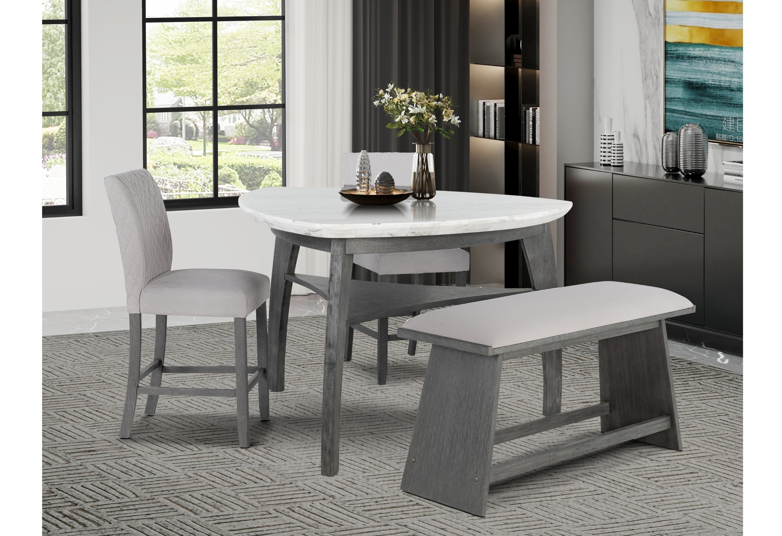 D8192 TRIANGLE BAR TABLE + 4 BAR STOOLS + BENCH