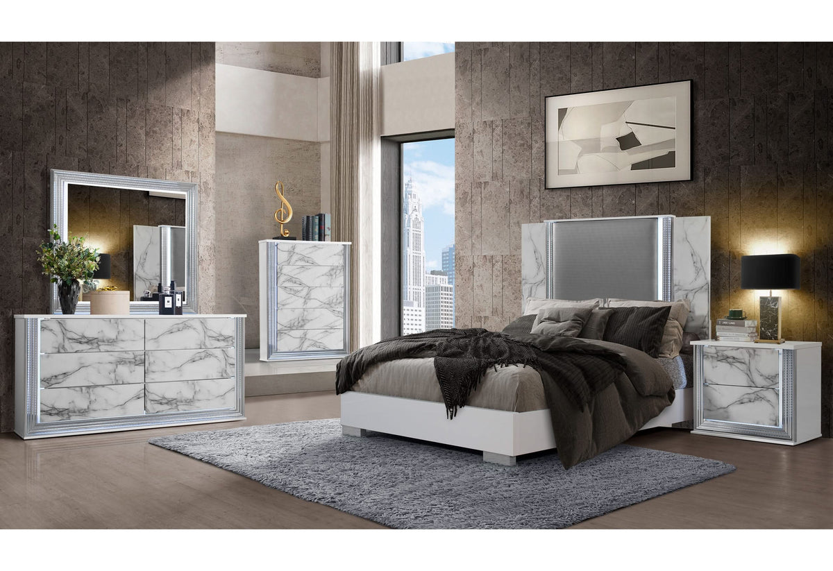 YLIME WHITE MARBLE QUEEN BED GROUP FULLY SLATTED WITH VANITY SET