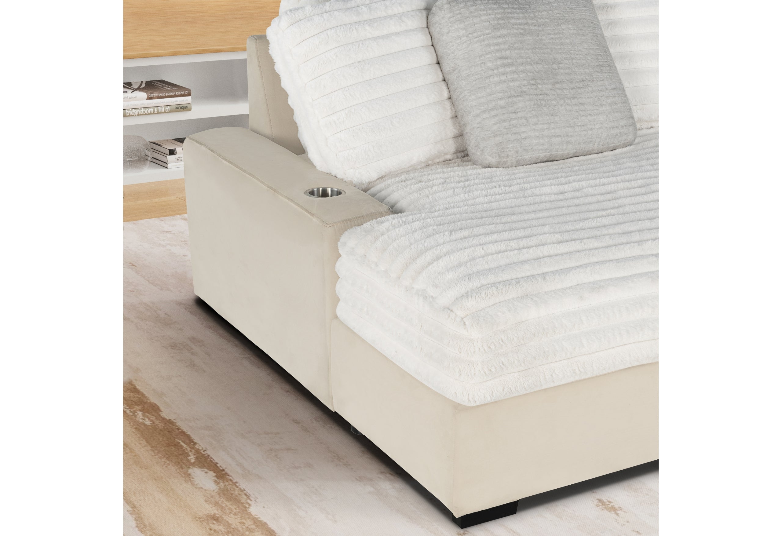 U8291 BEIGE SEAT CUSHION WITH USB, BACK SEAT AND REST FRAME,RIGHT ARM AND 3 PILLOWS