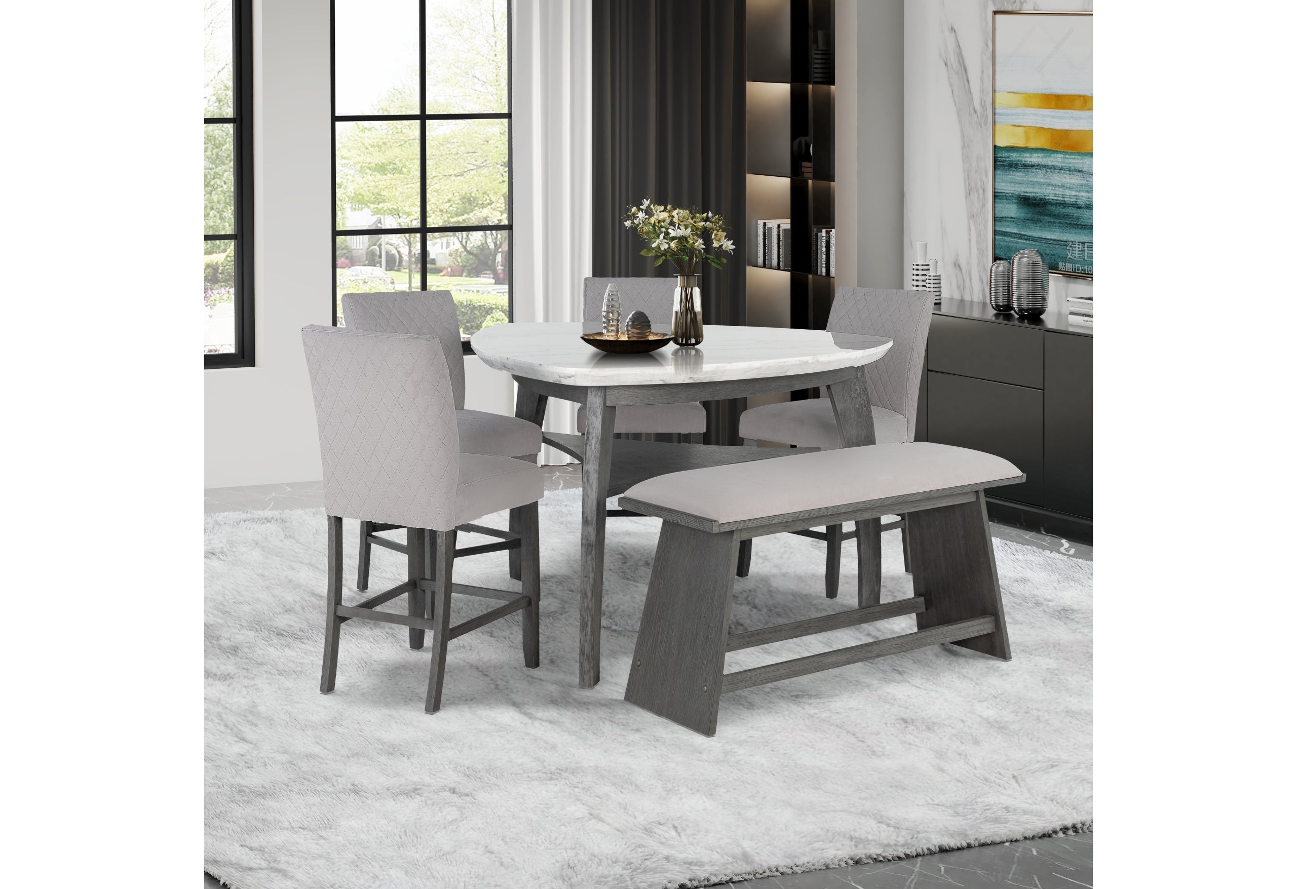 D8192 TRIANGLE BAR TABLE + 4 BAR STOOLS + BENCH