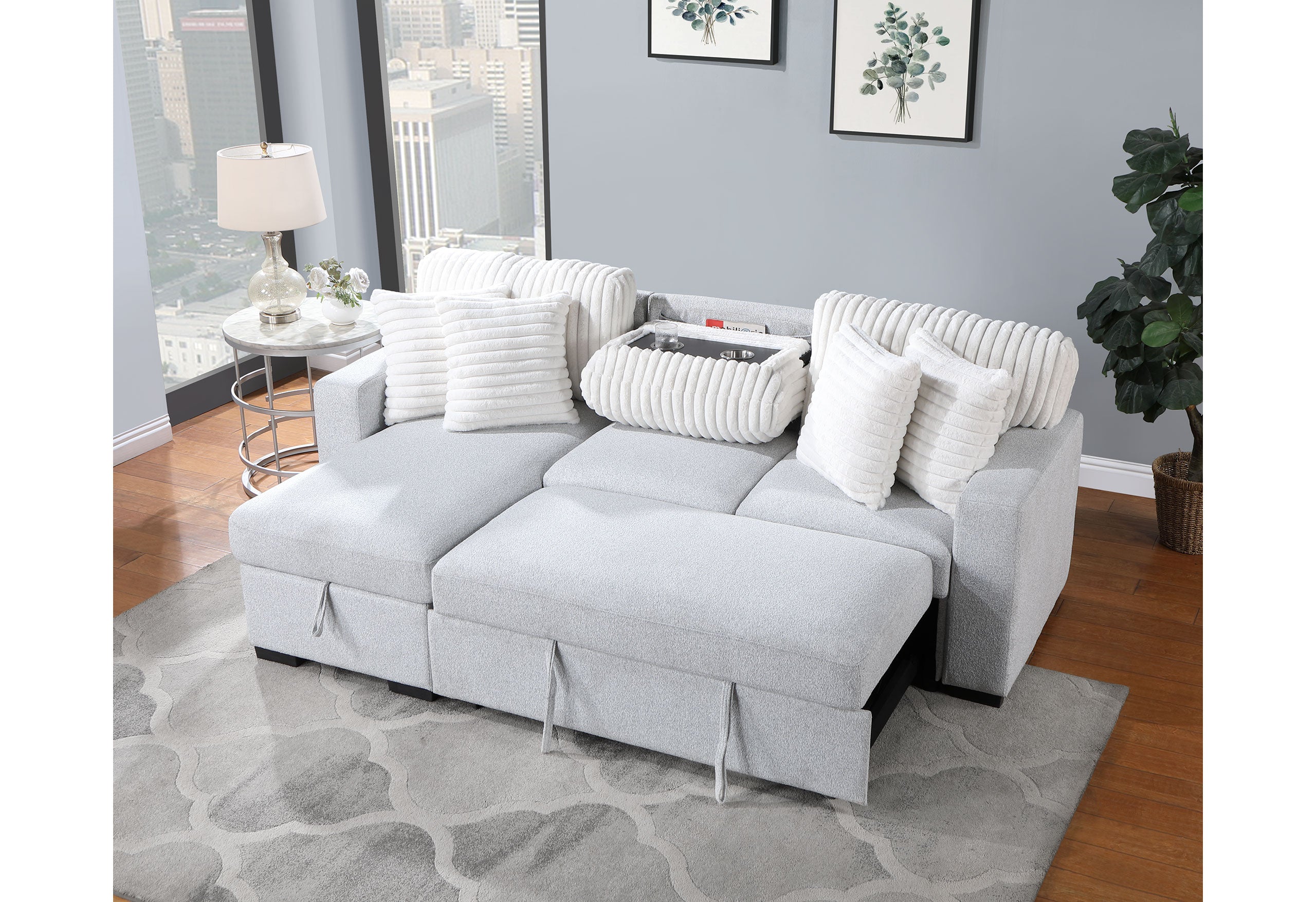 U0204 LIGHT GREY/WHITE REVERSIBLE CHAISE WITH STORAGE