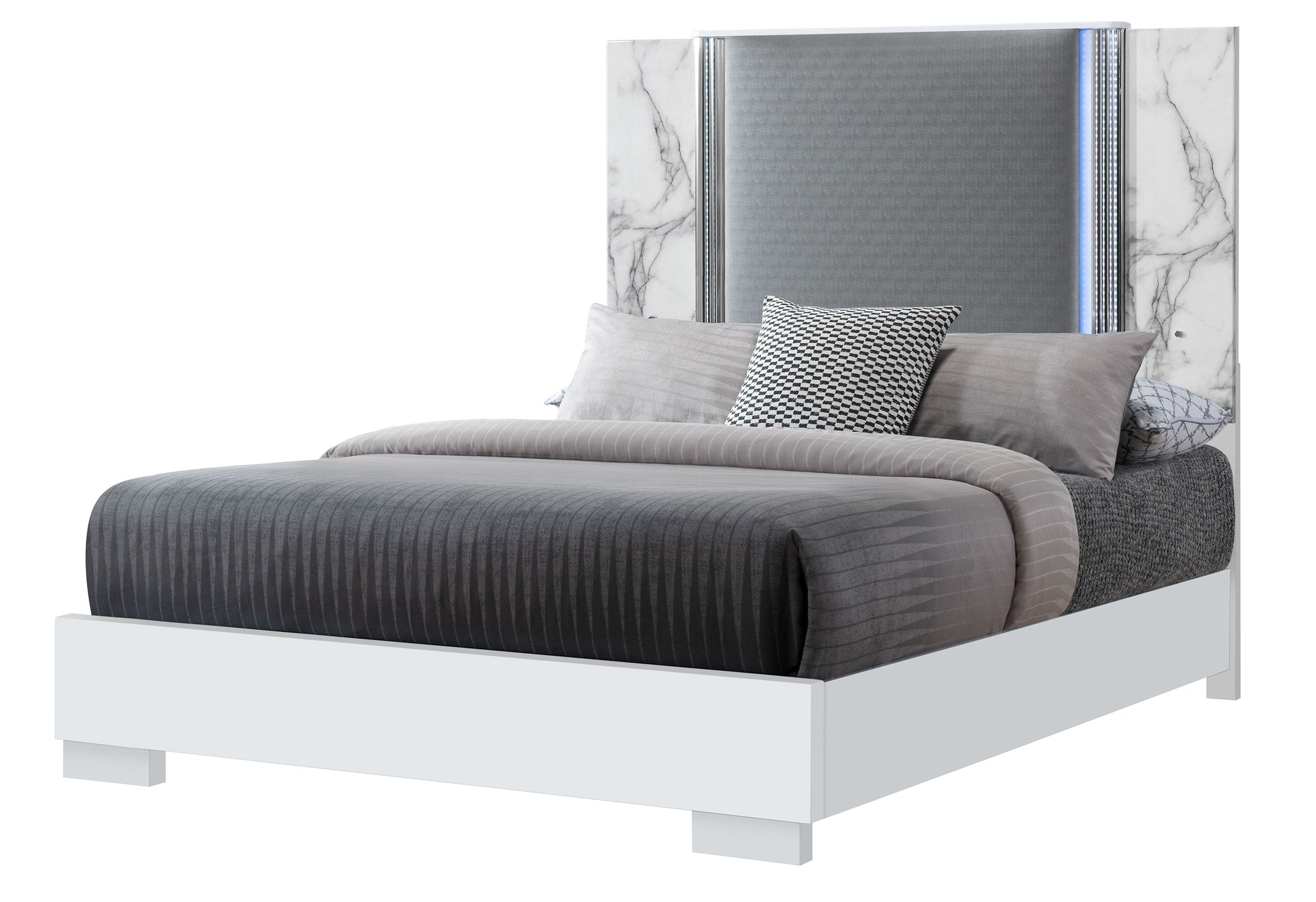 YLIME WHITE MARBLE QUEEN BED GROUP FULLY SLATTED