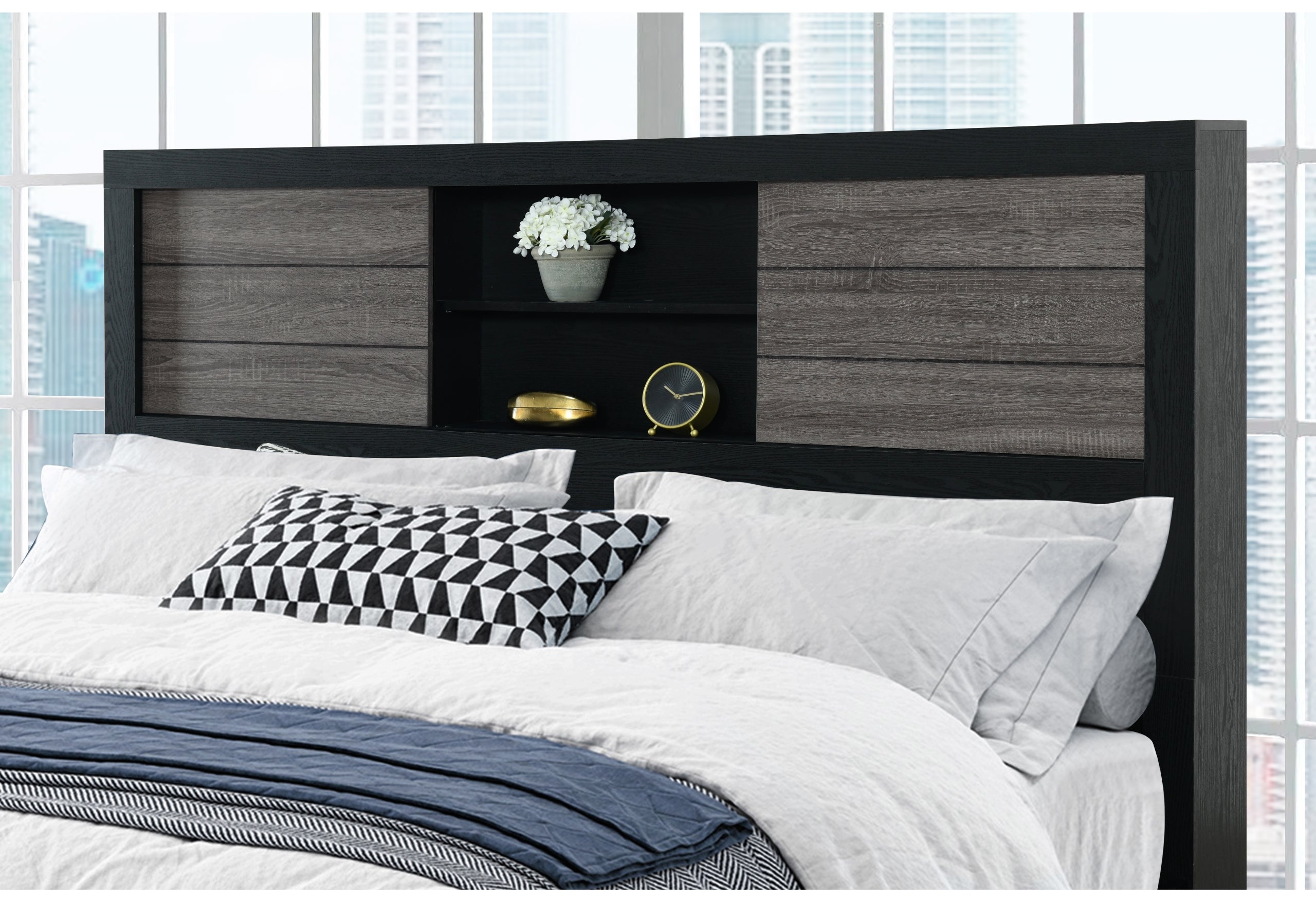 LISBON GREY/BLACK BOOKCASE QUEEN BED