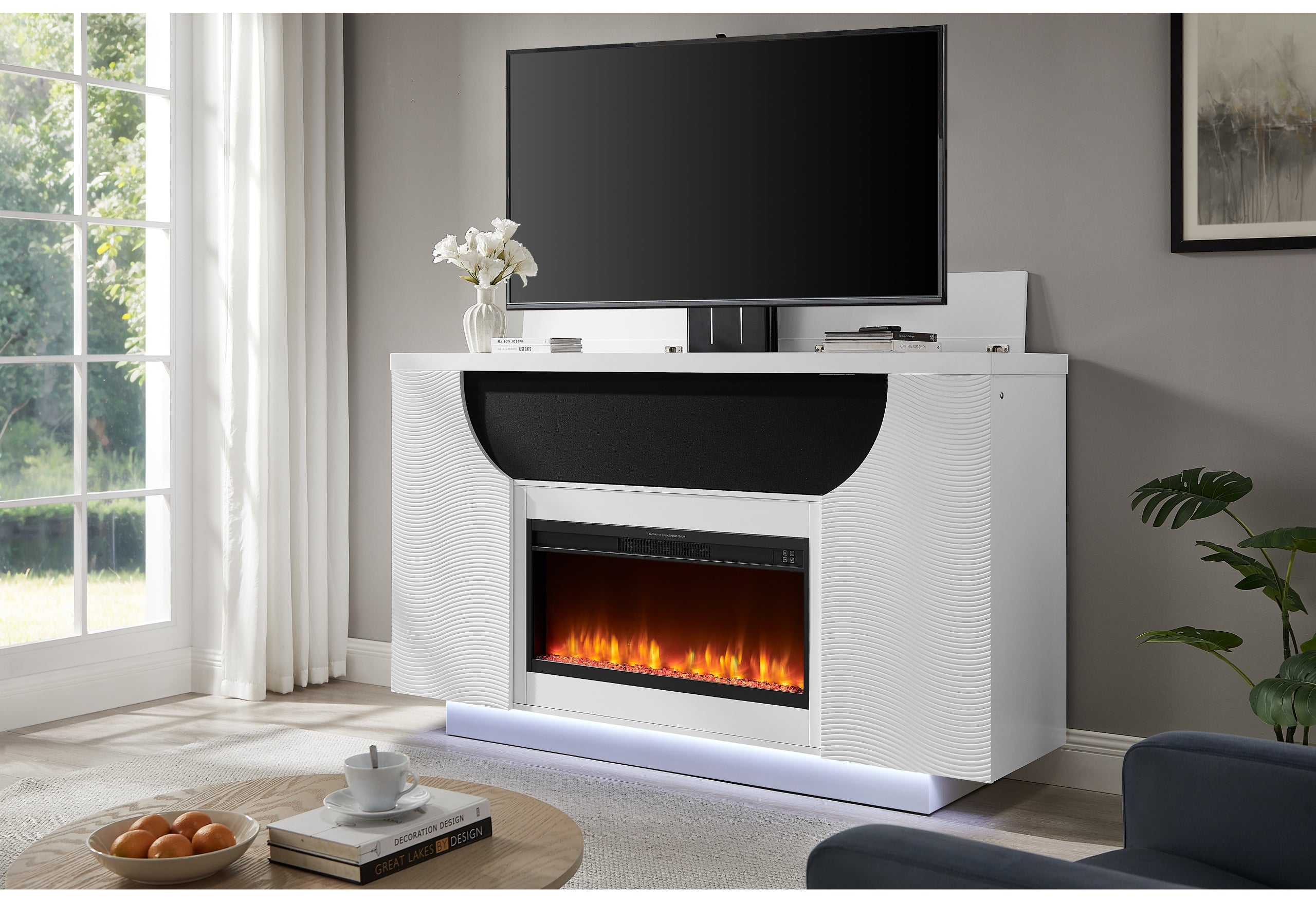 AVEENA WHITE 76" ENTERTAINMENT UNIT WITH TV, LED, SPEAKERS, CRYSTAL INSERTS AND POP UP CENTER DOORS