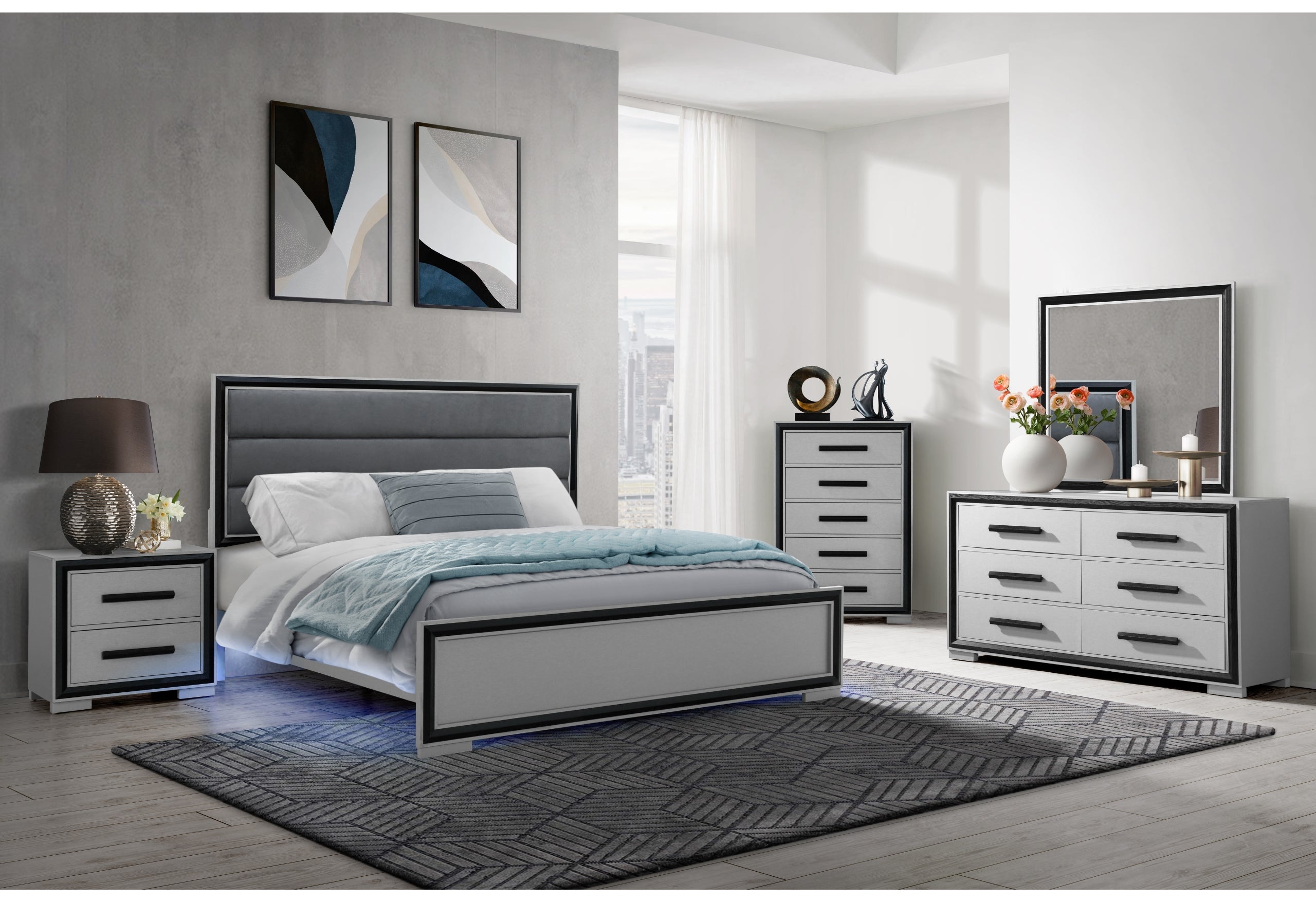 AMELIA GREY BLACK QUEEN BED W/LED