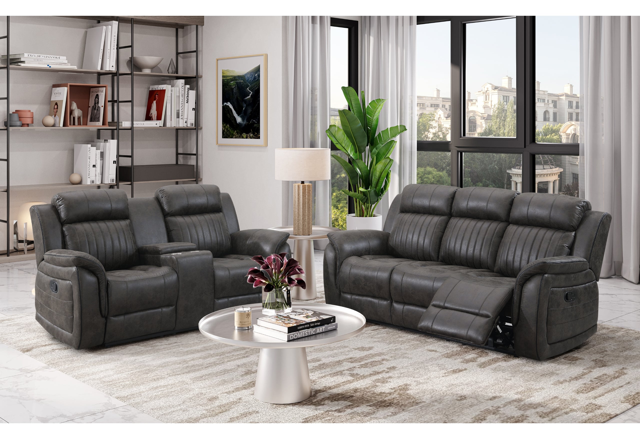 U8517 GREY RECLINING SOFA/CONSOLE RECLINING LOVESEAT