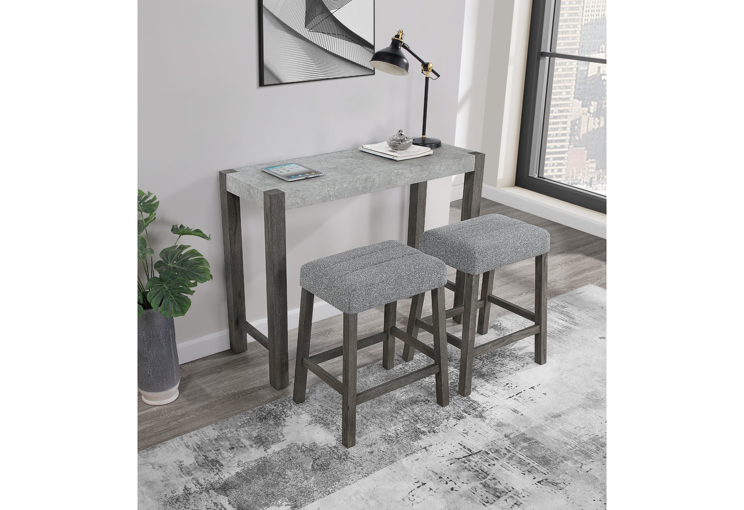 D1523 GREY CONSOLE SOFA TABLE AND 2 STOOLS