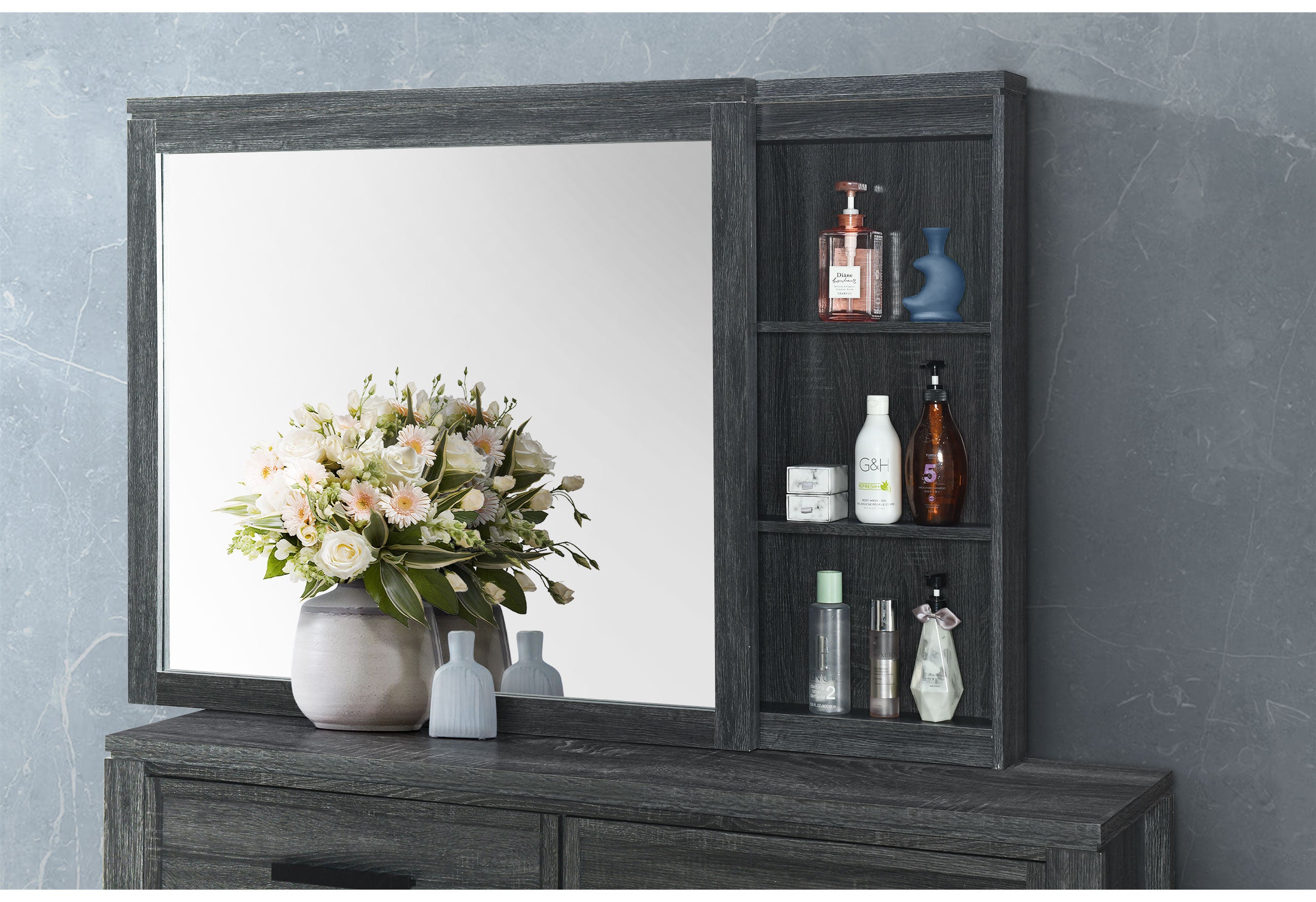CYPRESS DARK GREY KING BED, DRESSER, MIRROR AND NIGHTSTAND