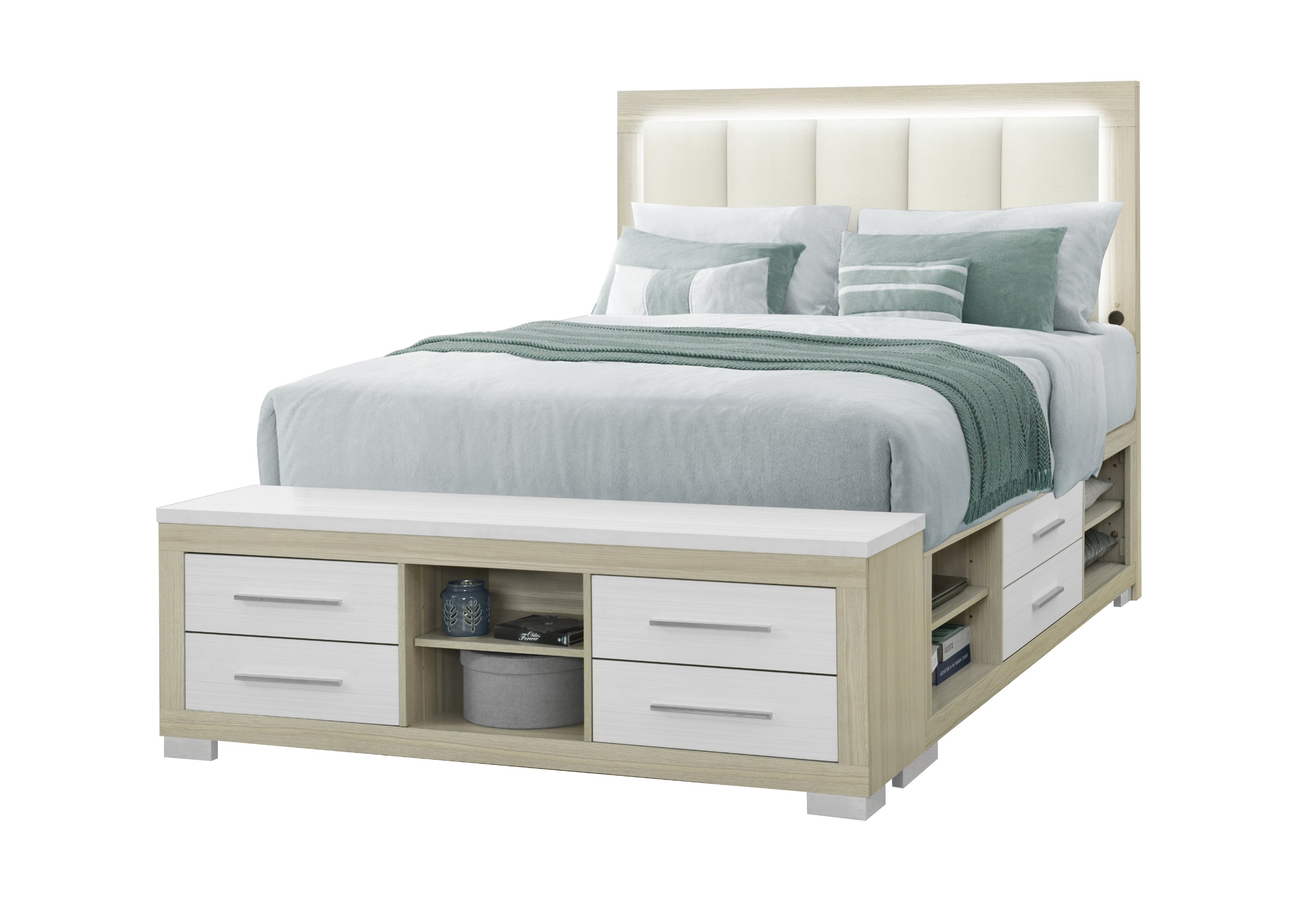 EMMA NATURAL/WHITE QUEEN BED WITH LED AND USB