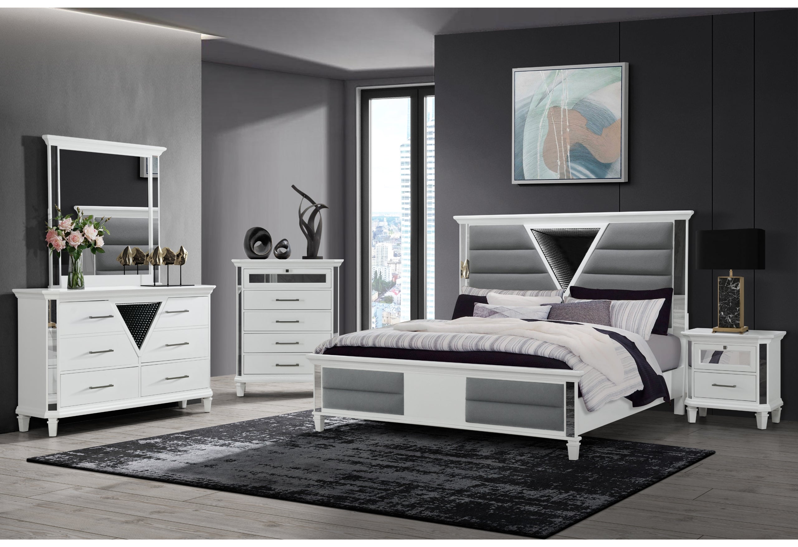 MARCO METALLIC WHITE QUEEN BED, DRESSER, MIRROR AND NIGHTSTAND