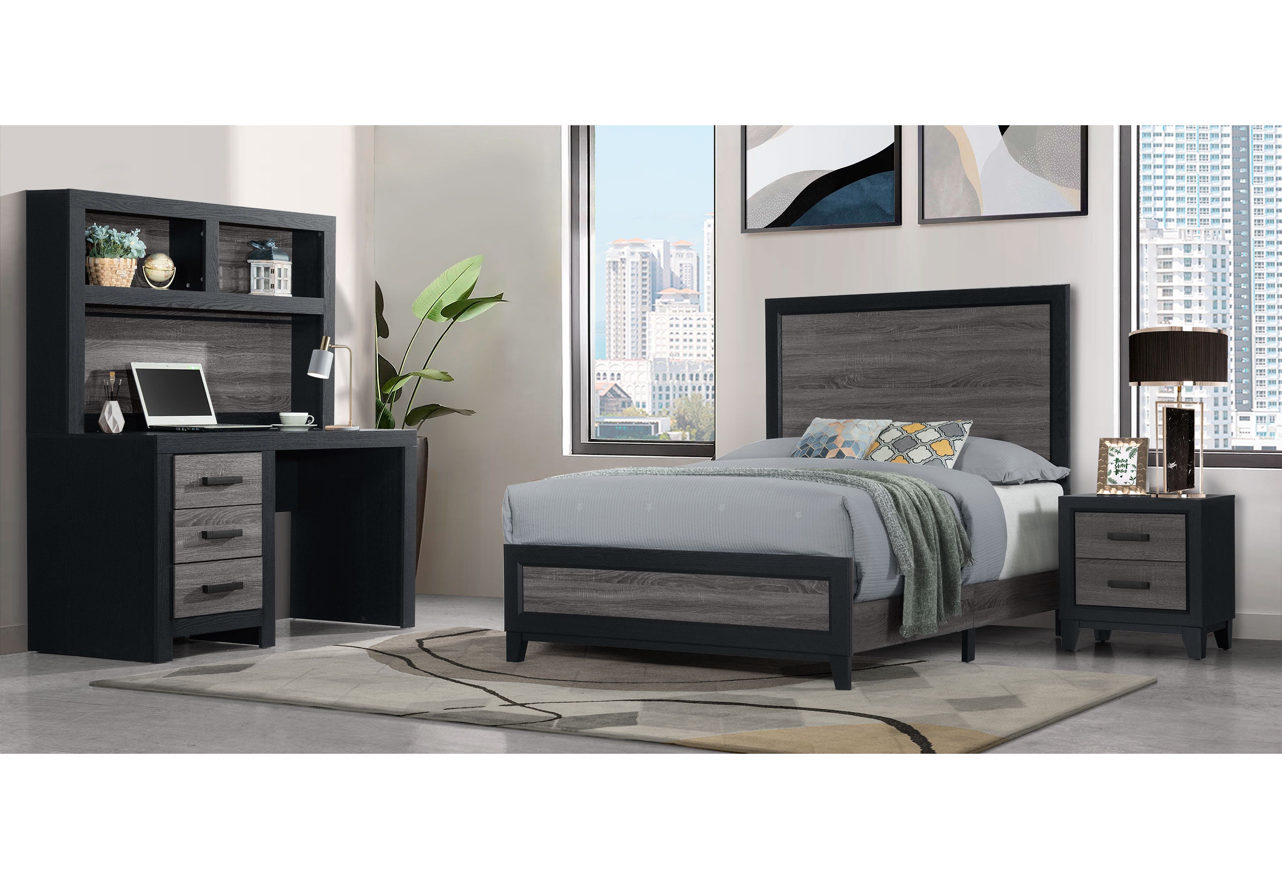 LISBON GREY/BLACK BOOKCASE TWIN BED, DESK, NIGHTSTAND AND CHEST
