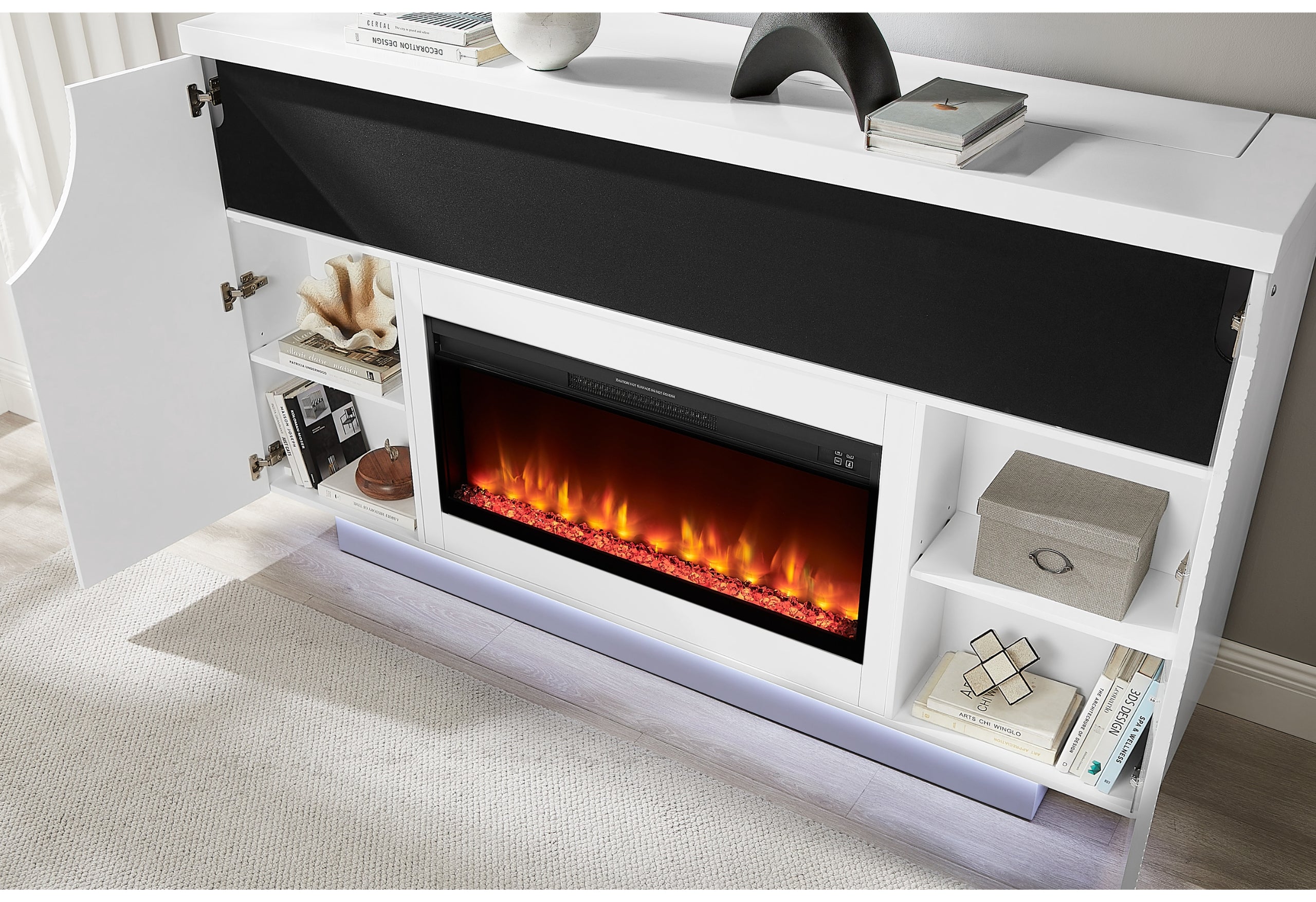 AVEENA WHITE 76" ENTERTAINMENT UNIT WITH TV, LED, SPEAKERS, CRYSTAL INSERTS AND POP UP CENTER DOORS