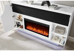AVEENA WHITE 76" ENTERTAINMENT UNIT WITH TV, LED, SPEAKERS, CRYSTAL INSERTS AND POP UP CENTER DOORS
